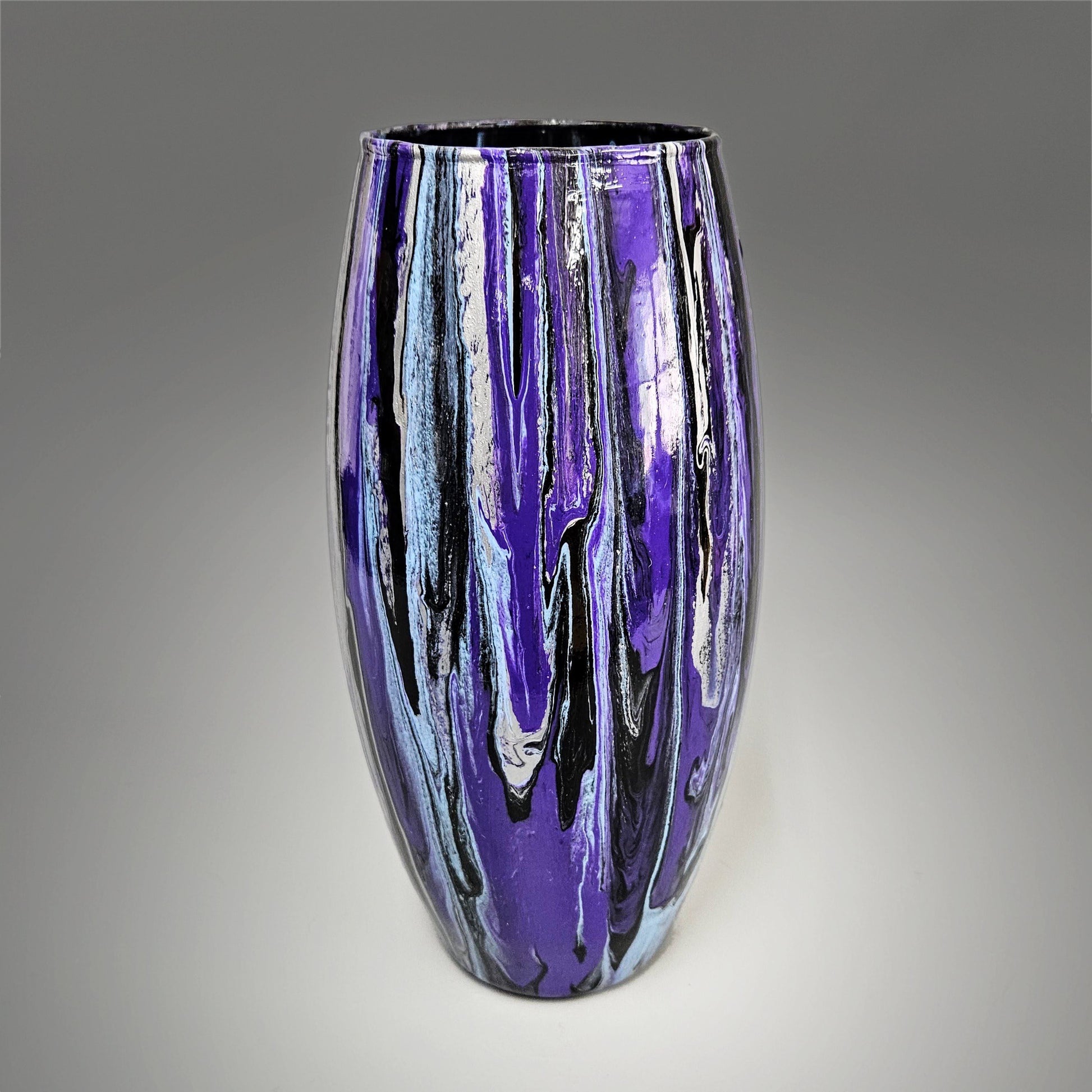 Tall Glass Art Painted Vase in Purple Black and Silver | Handmade Gift