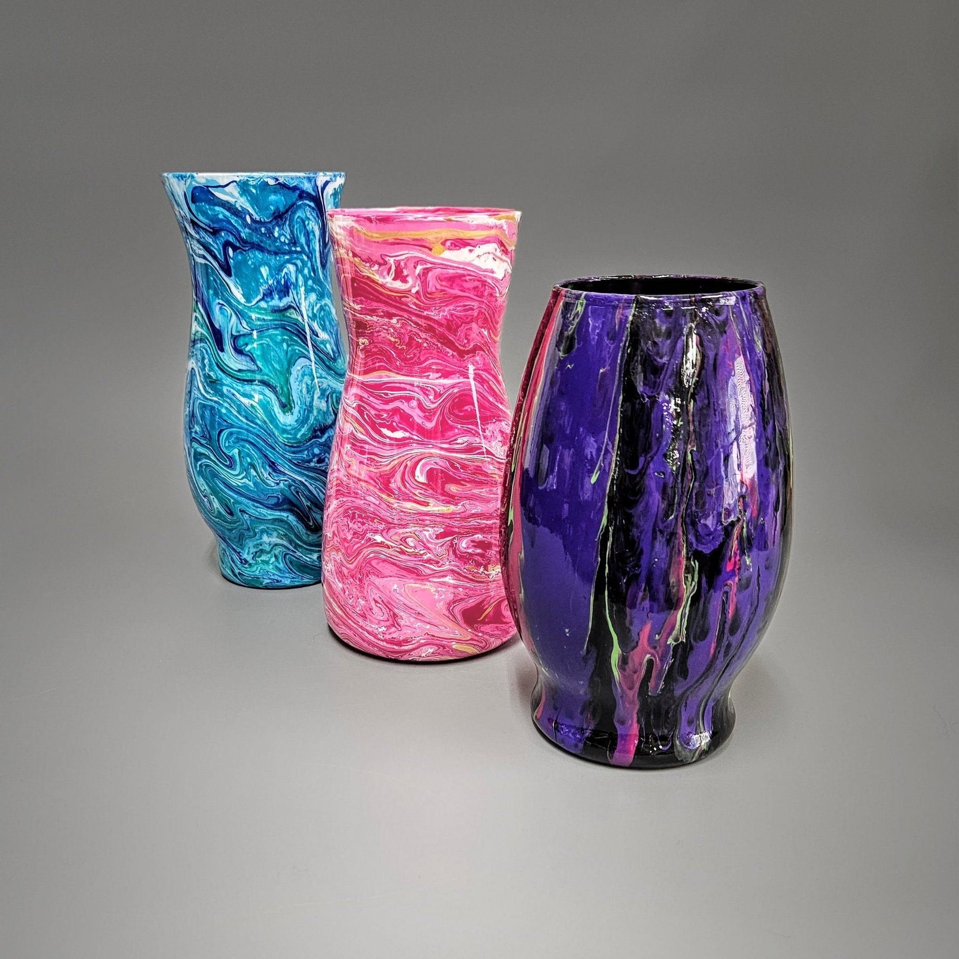 Glass Art Painted Vases in Blue Pink and Purple | Acrylic Pour Fluid Art