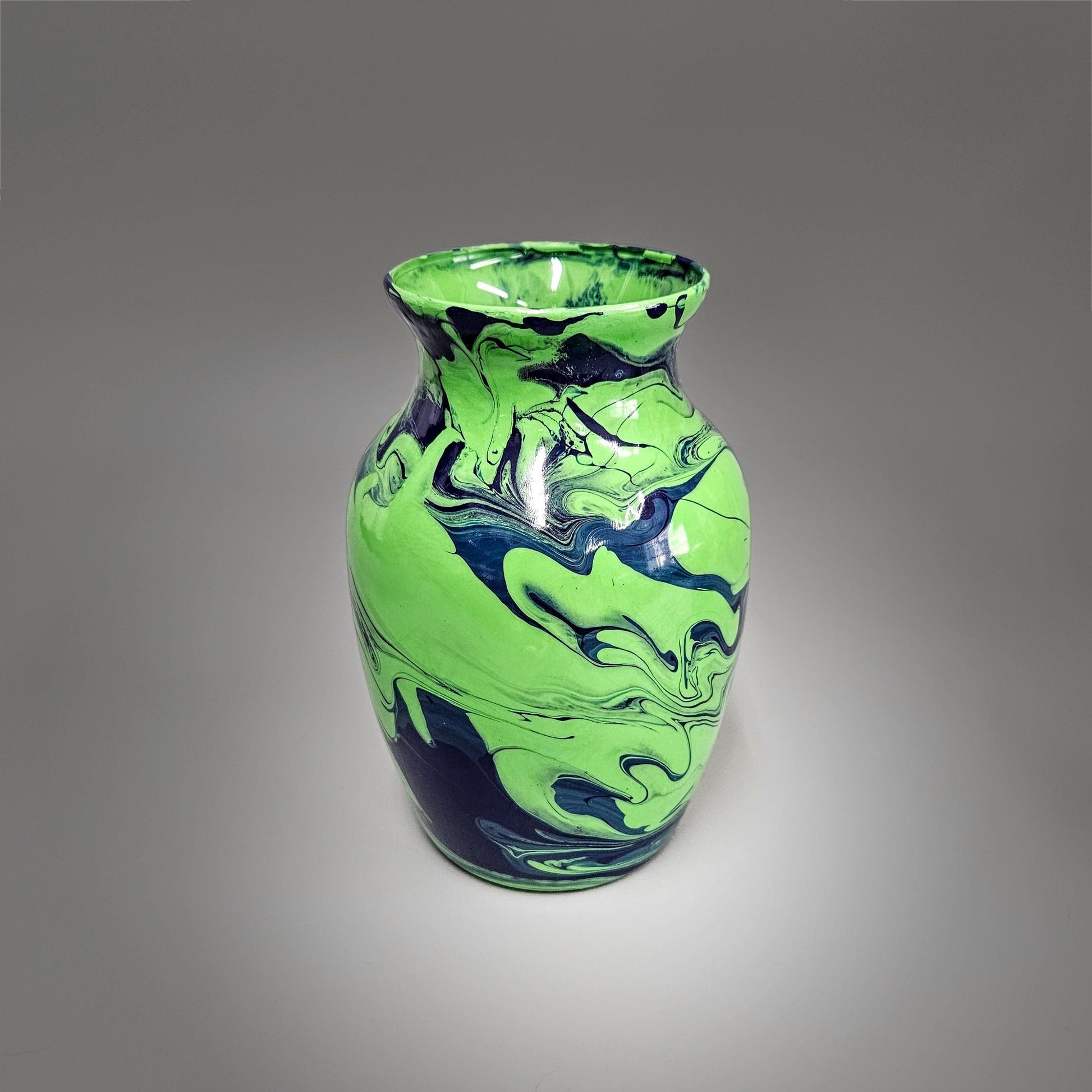 Painted Glass Vase in Spring Green and Navy Blue | Fluid Art Vase