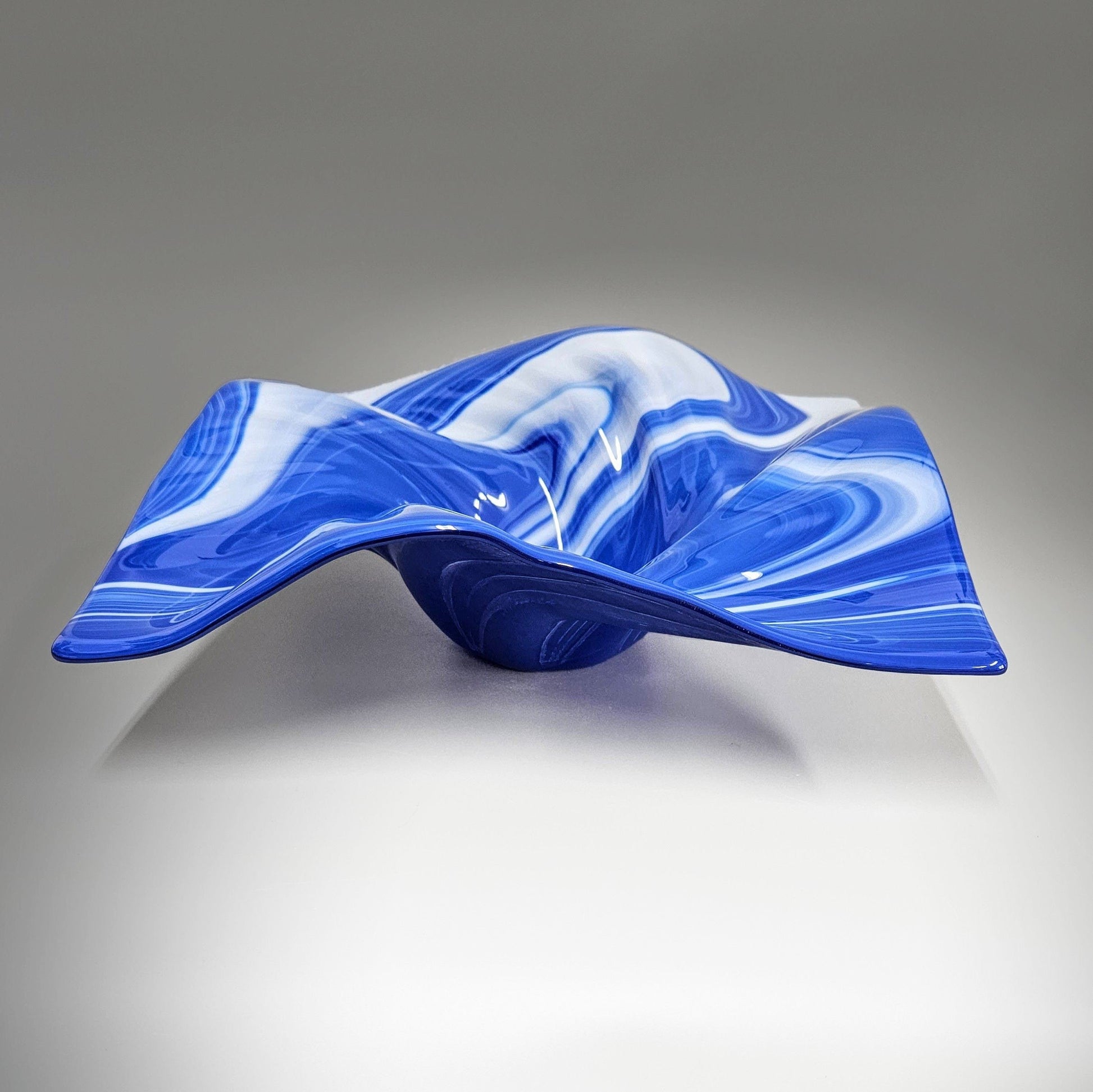 Glass Art Wave Bowl in Royal Blue and White | Handcrafted Glass Gifts