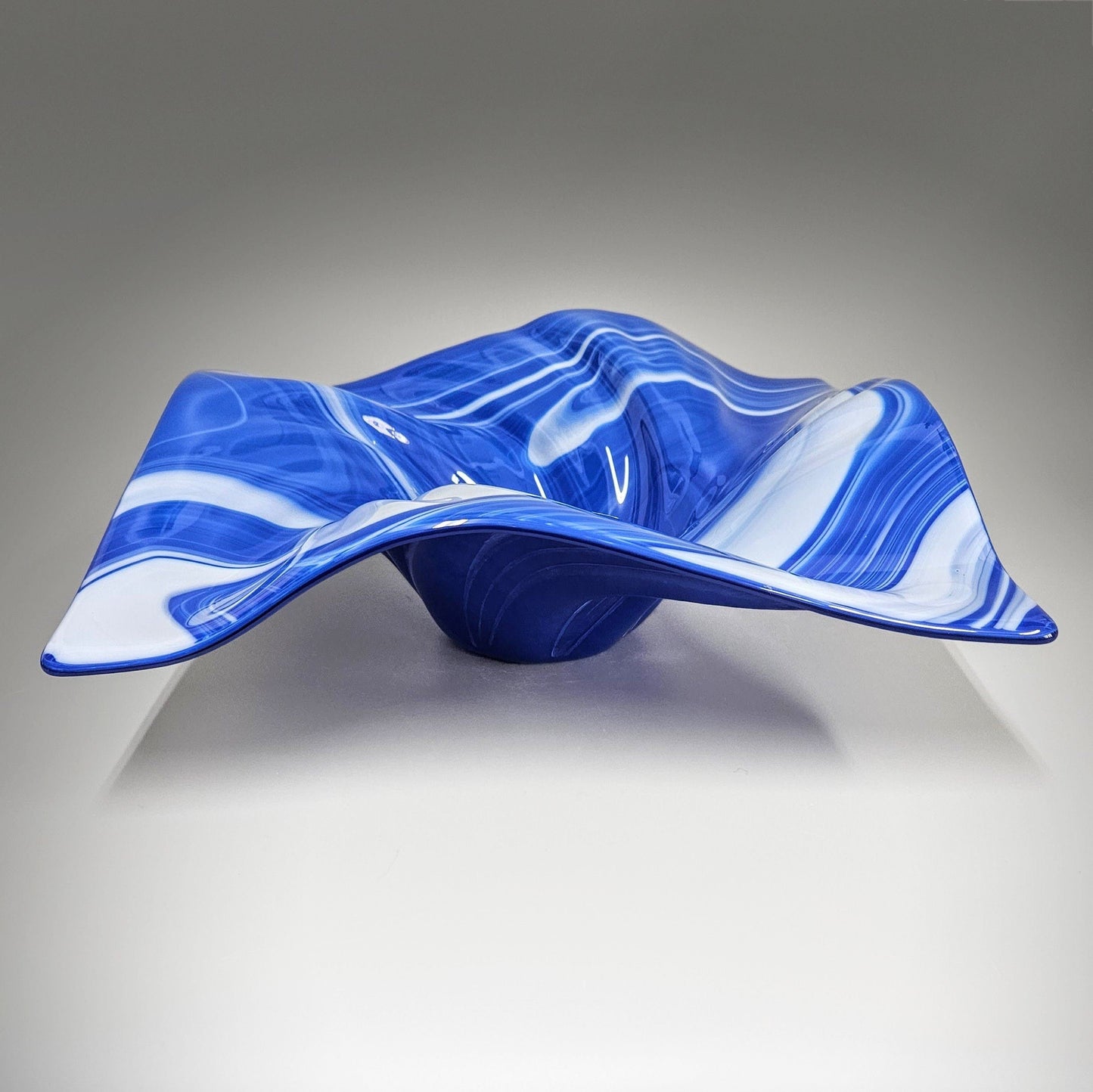 Glass Art Wave Bowl in Royal Blue and White