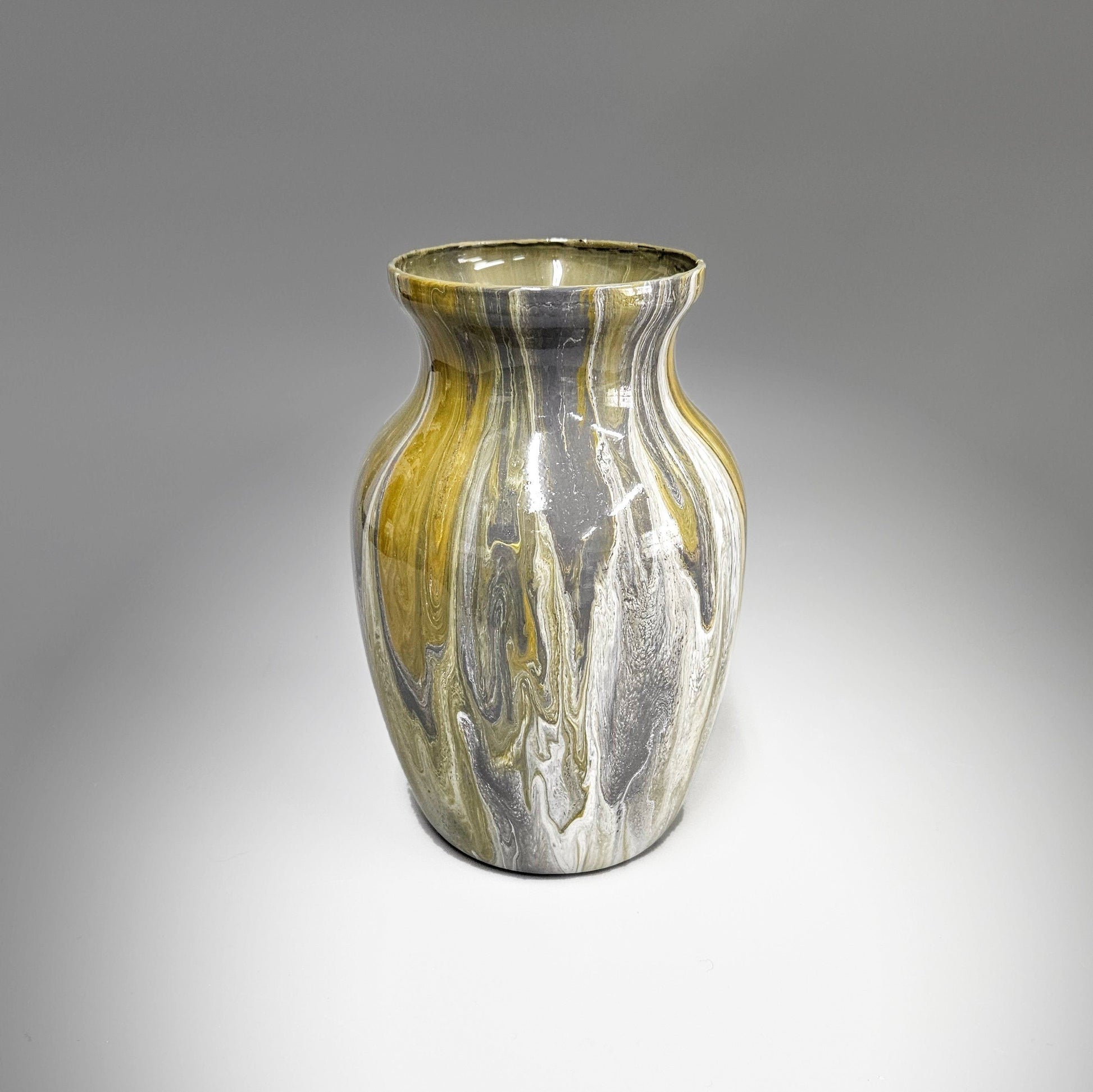 Glass Art Painted Vase in Tan, White and Gray | Fluid Art Glass Vase