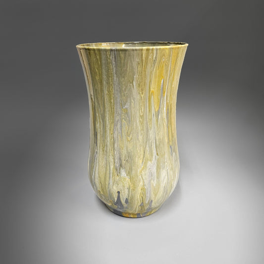Glass Art Painted Hurricane Vase Centerpiece in Tan Gray and White 