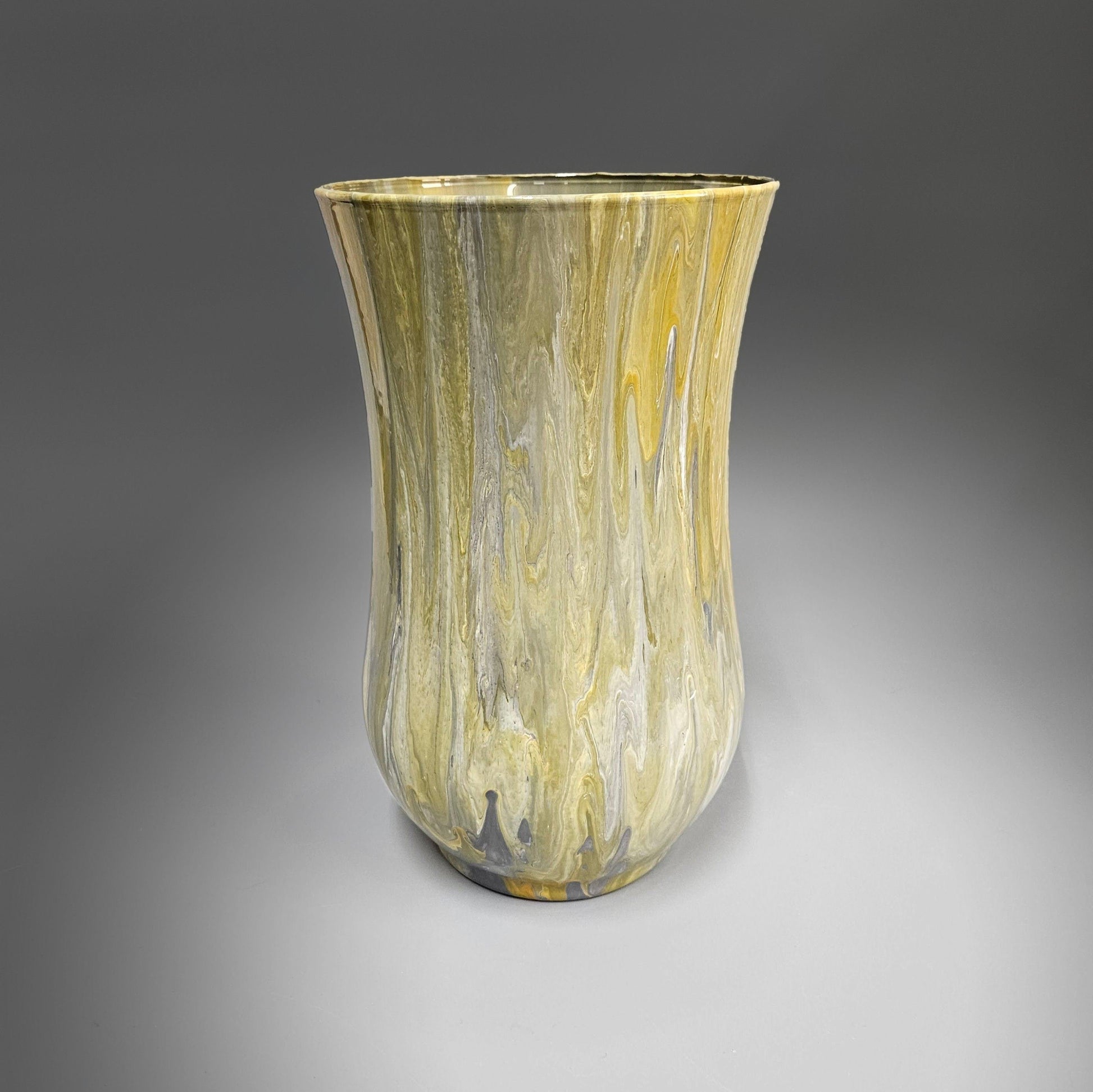 Glass Art Painted Hurricane Vase Centerpiece in Tan Gray and White 