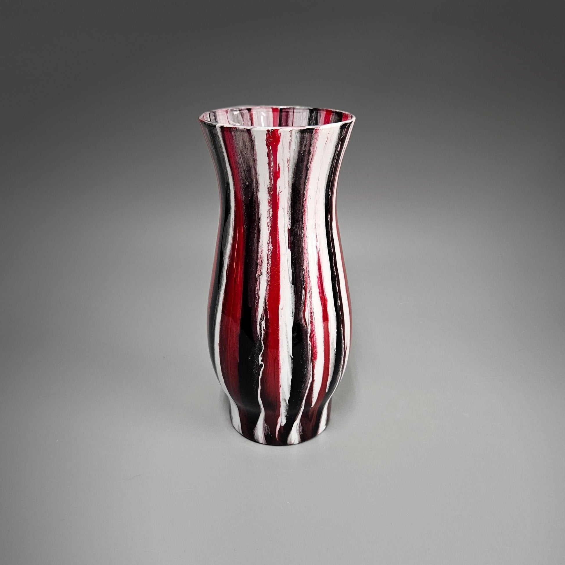 Glass Art Painted Vase in Red Black and White | Acrylic Pour Vases