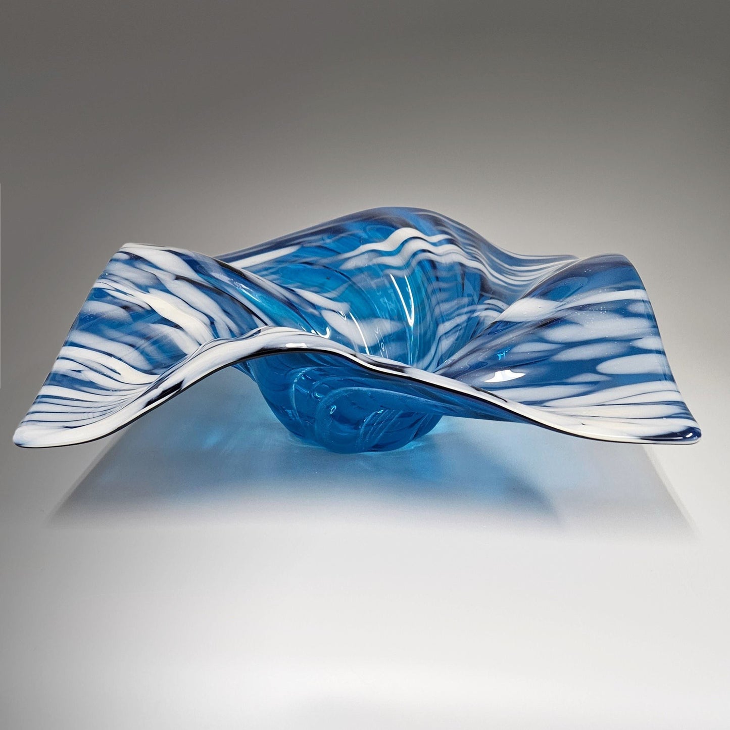 Glass Art Wave Bowl in Dark Teal and White