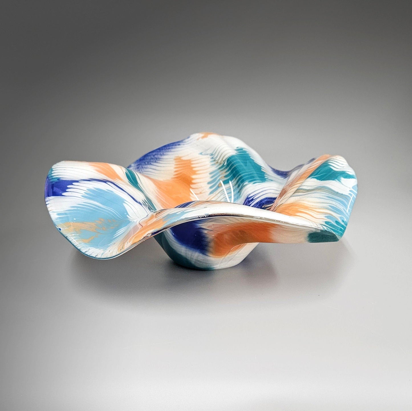 Glass Art Wave Bowl in Blue Green Orange White