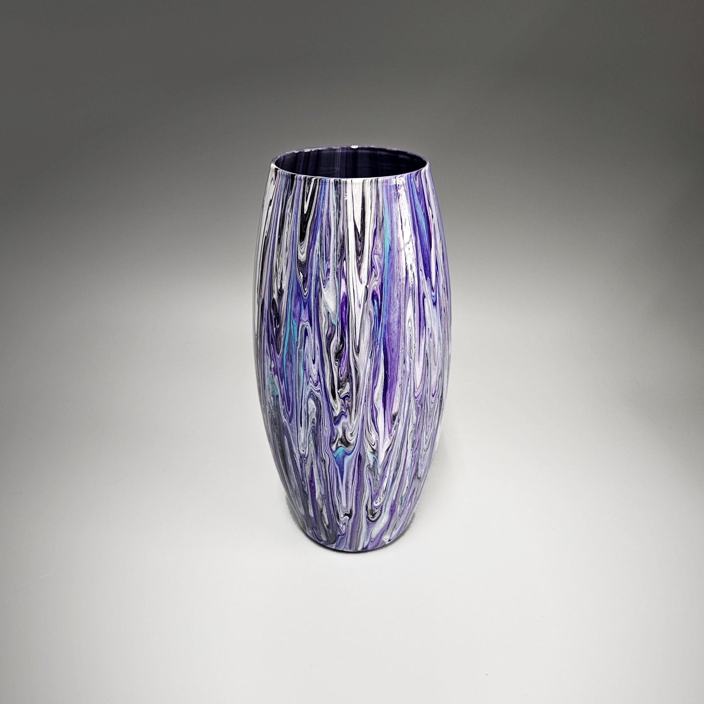 Tall Glass Vase Painted in Black Purple Teal and White