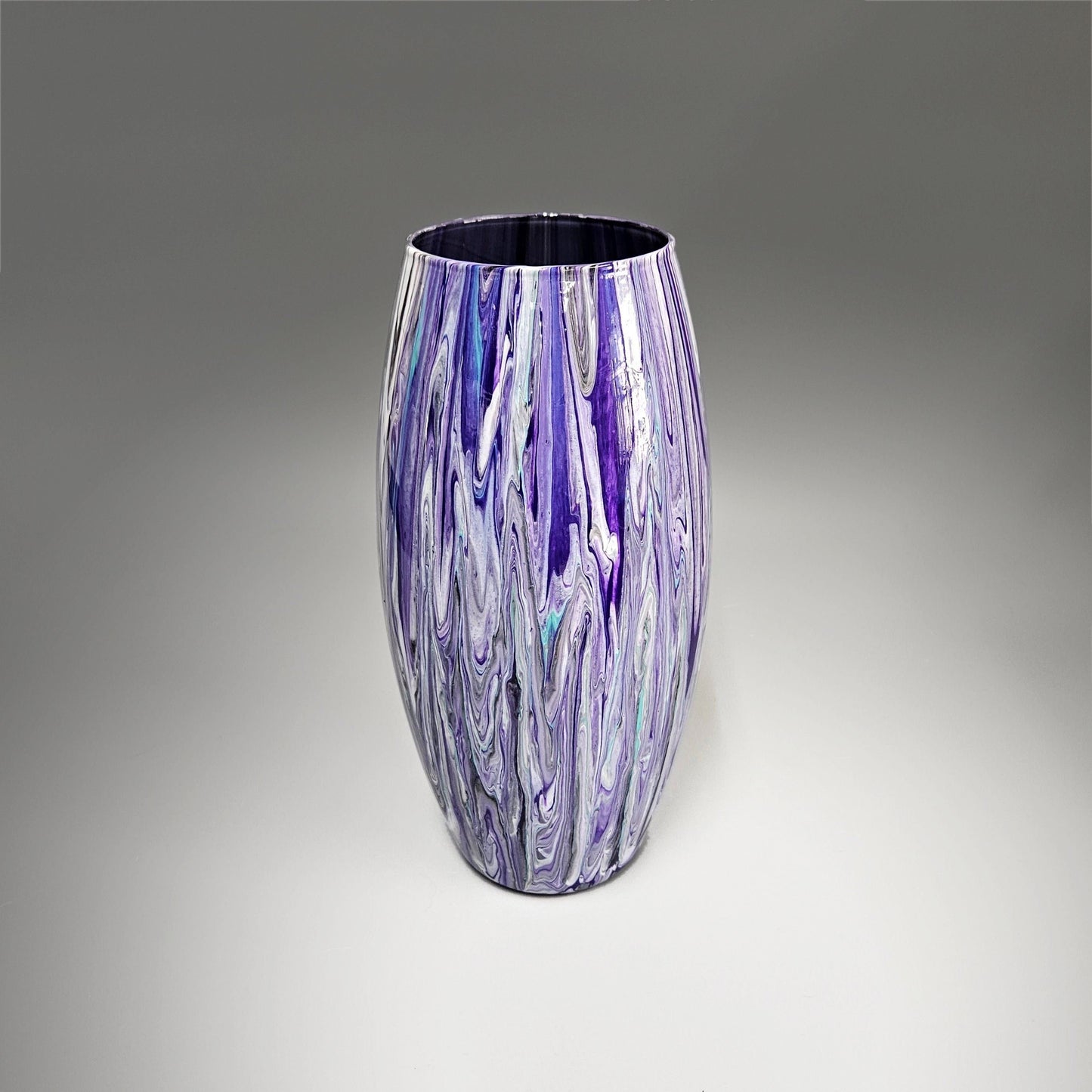 Tall Glass Vase Painted in Black Purple Teal and White