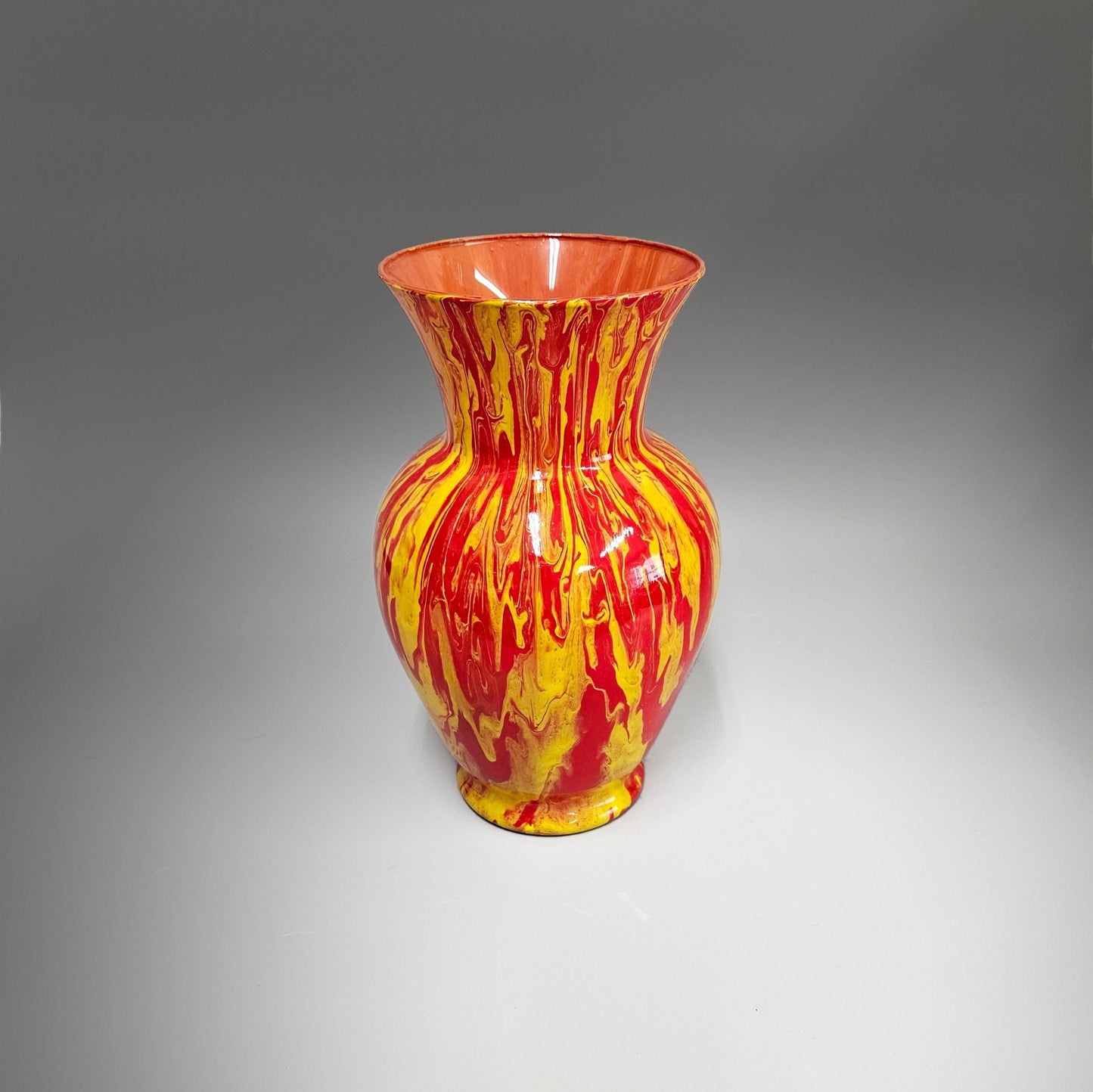 Glass Art Painted Vase in Red Orange Yellow | 10.75 Inch Tall Fluid Art Flower Vase | Modern Home Décor | Unique Acrylic Pour Gift Ideas