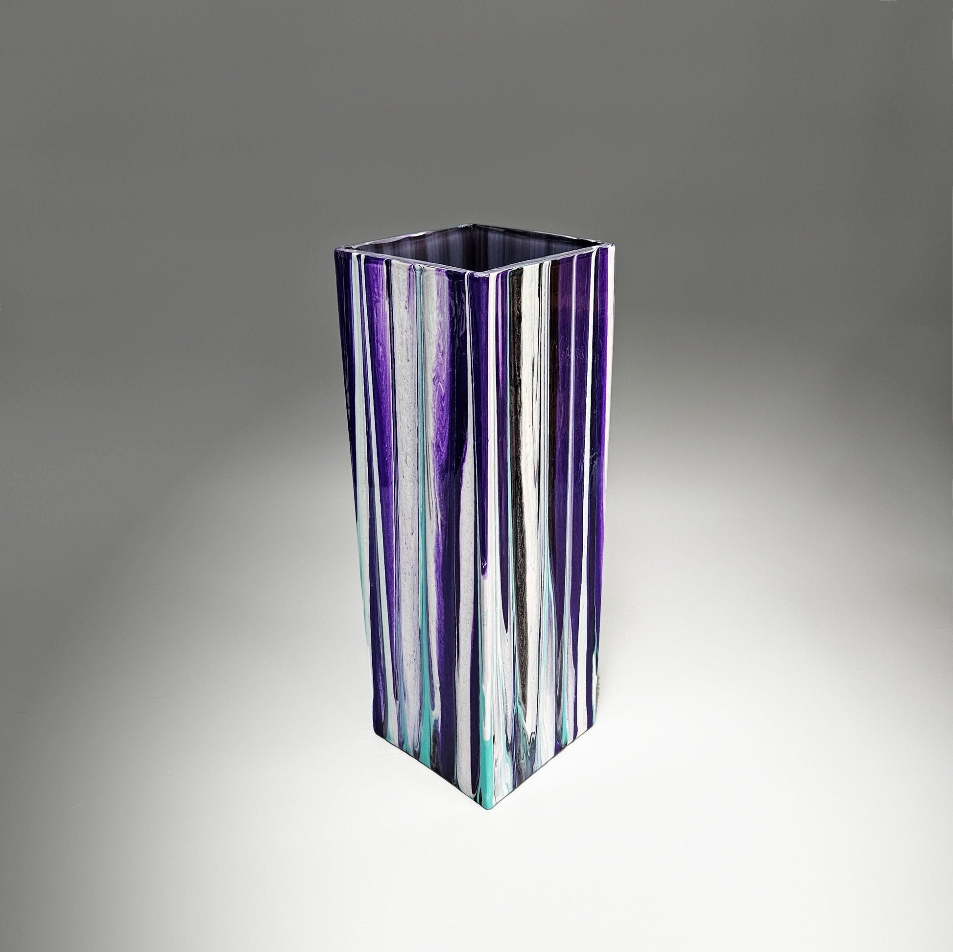 Glass Art Painted Square Vase in Purple White Aqua | Fluid Art Vase