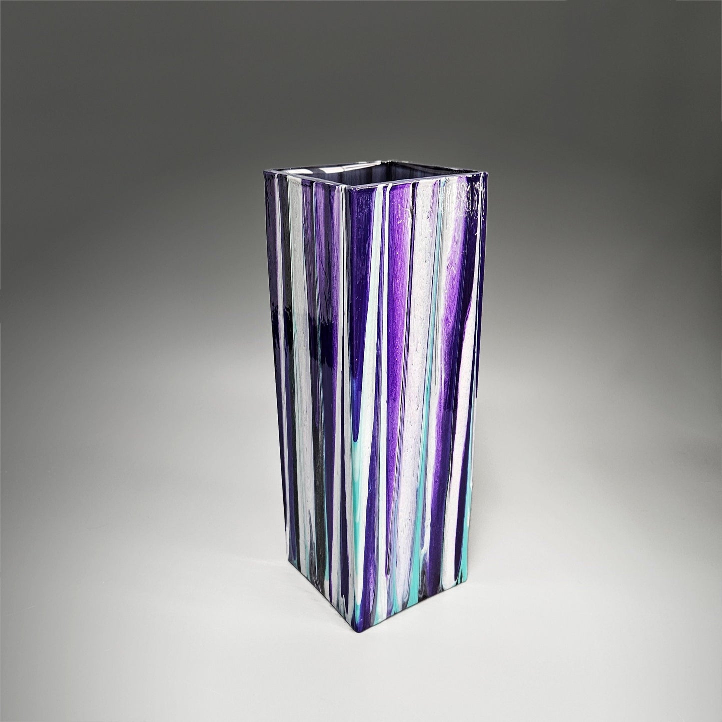 Glass Art Painted Square Vase in Purple White Aqua