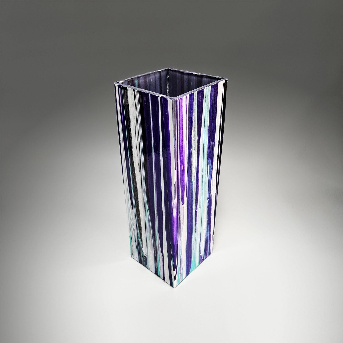 Glass Art Painted Square Vase in Purple White Aqua