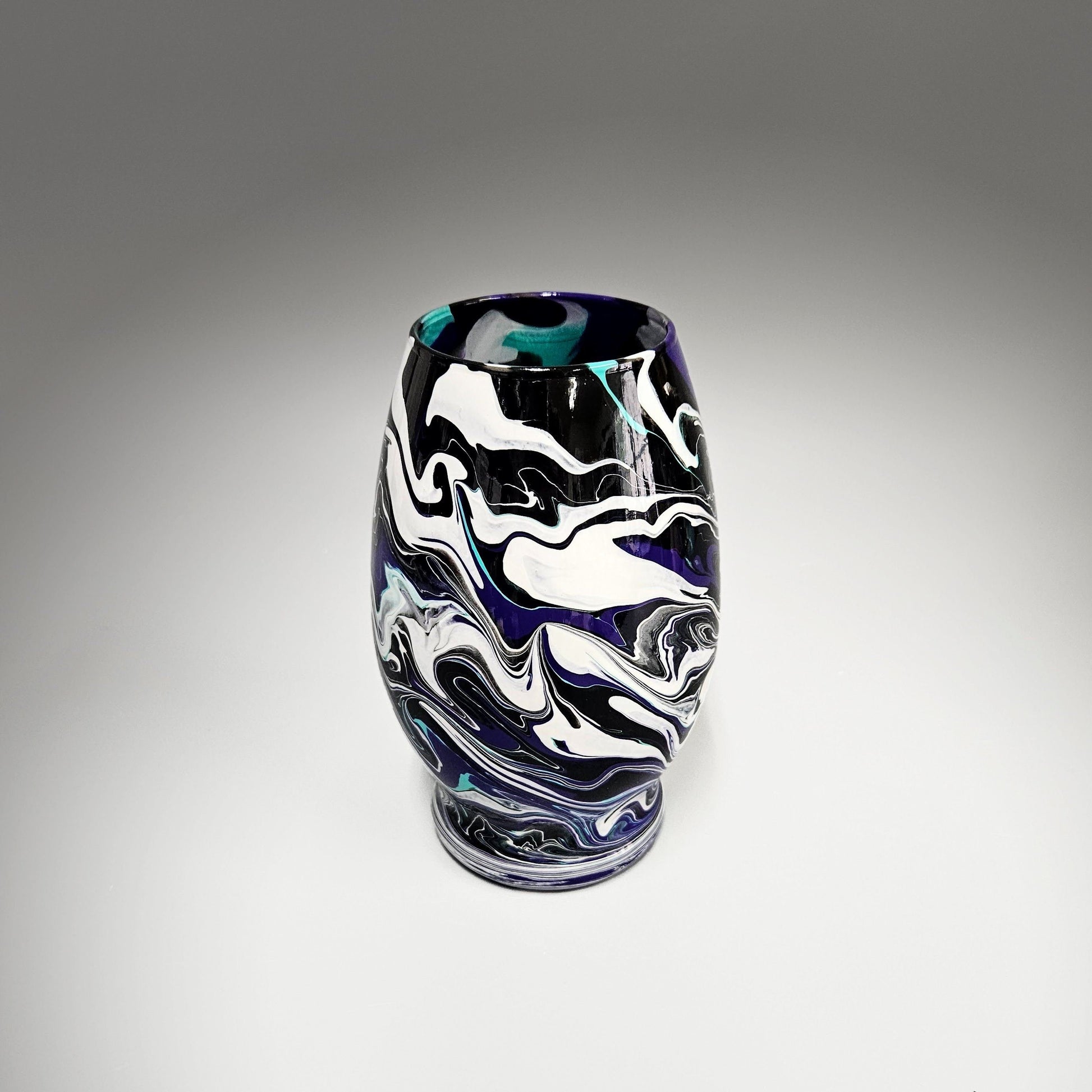 Painted Vase in Aqua White Purple Black | Glass Art Flower Vase