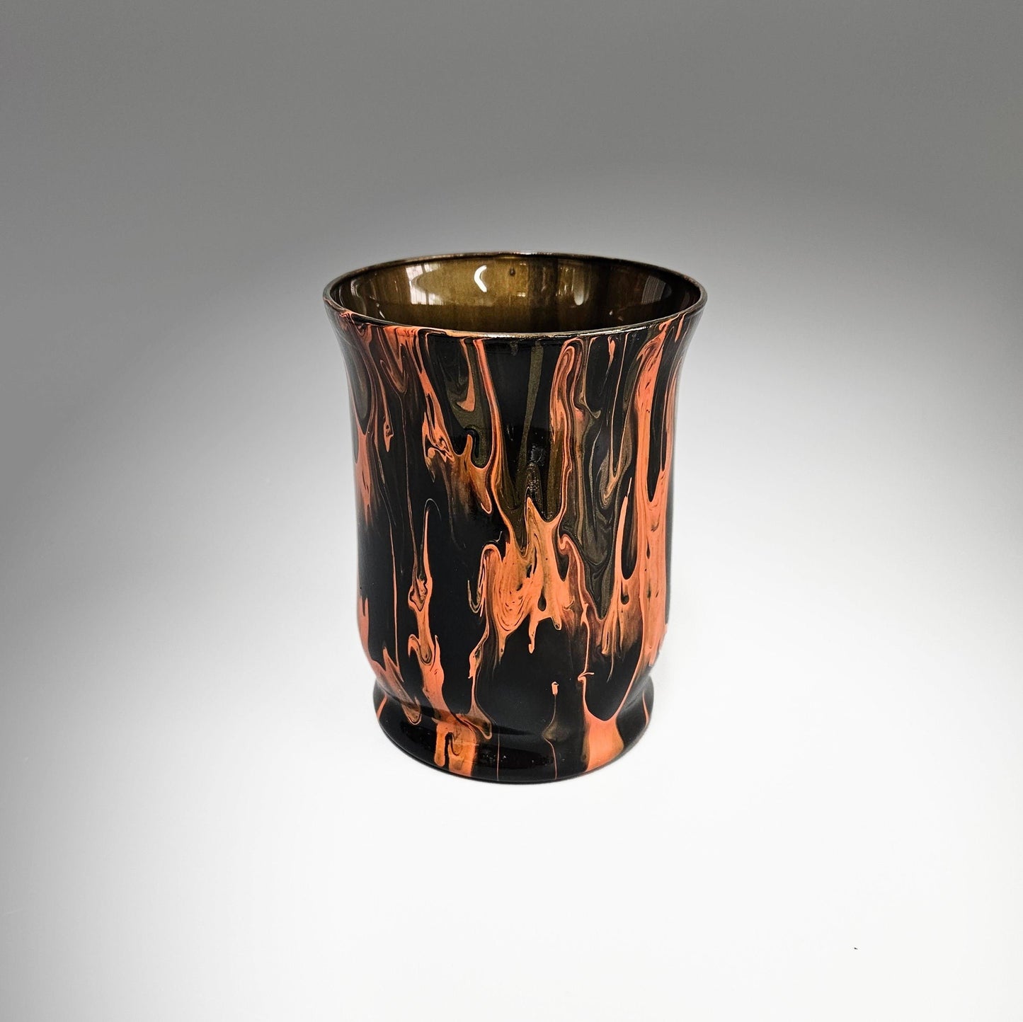 Glass Art Painted Orange Black Hurricane Vase