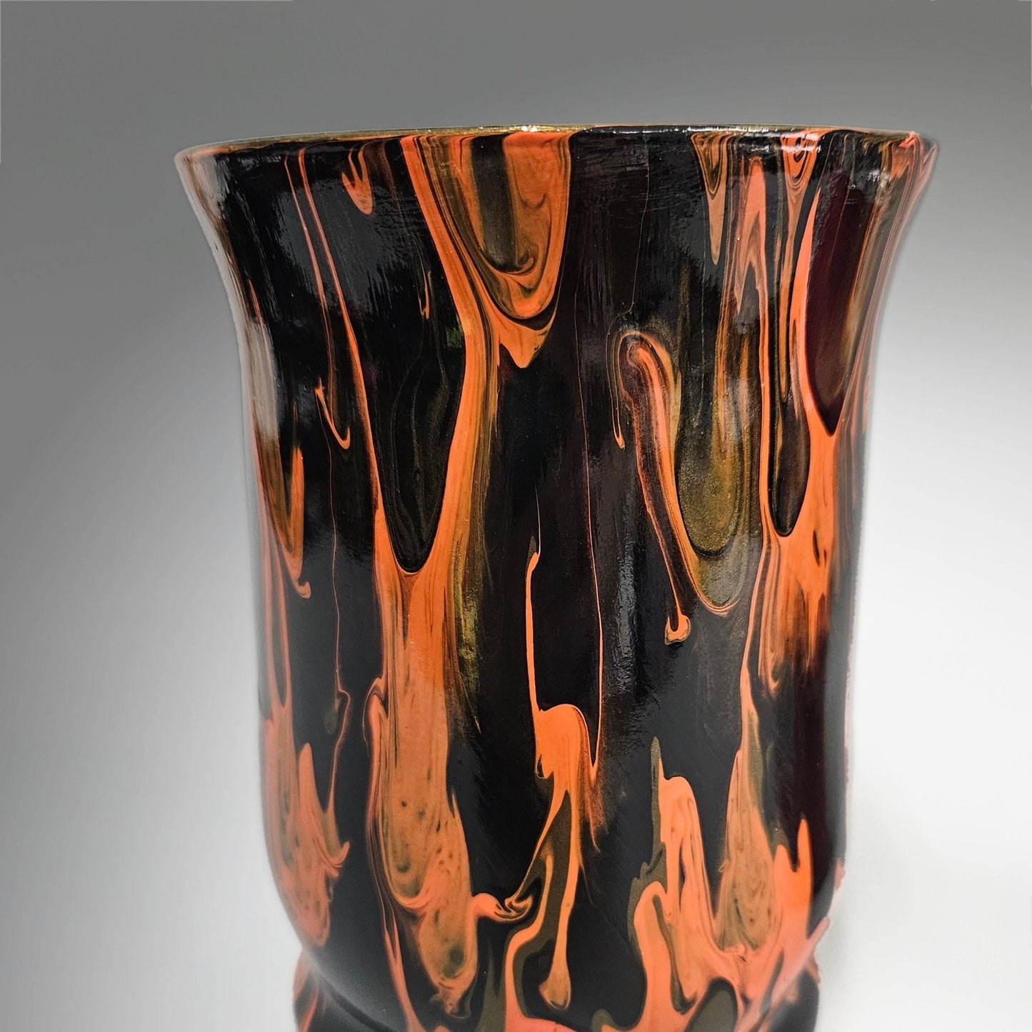 Glass Art Painted Orange Black Hurricane Vase