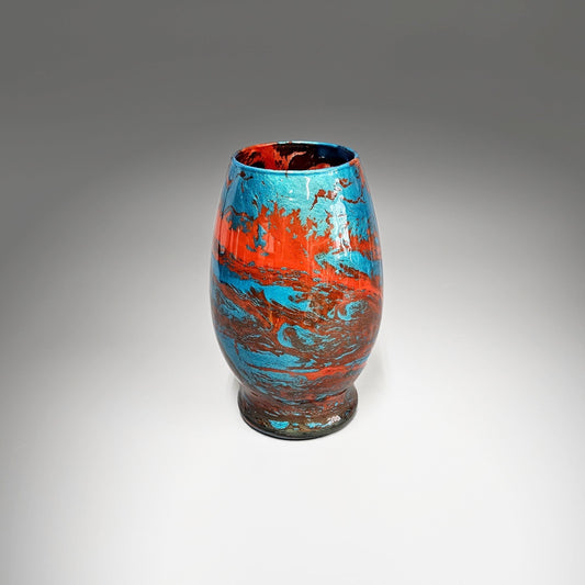 Glass Art Painted Turquoise Blue Orange Fluid Art Flower Vase