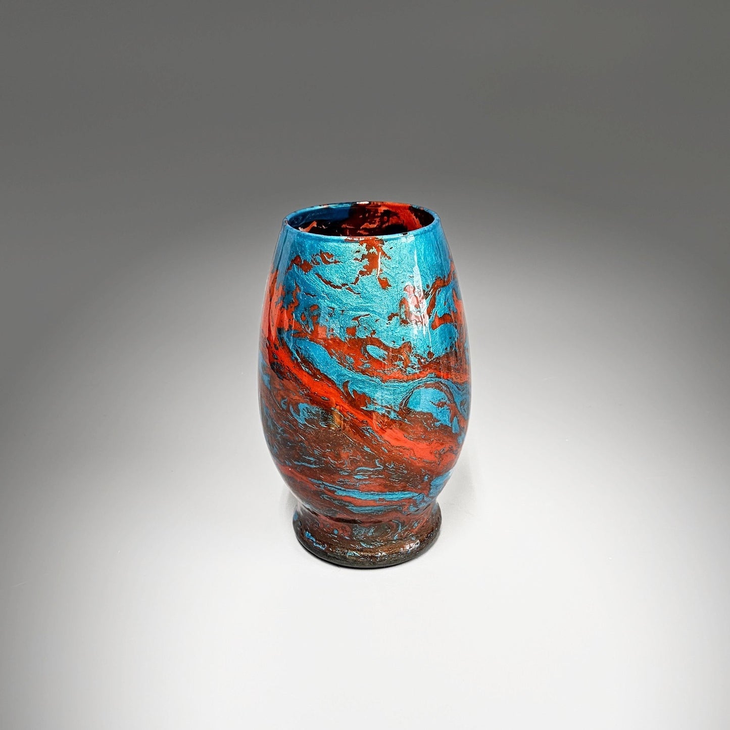 Glass Art Painted Turquoise Blue Orange Fluid Art Flower Vase