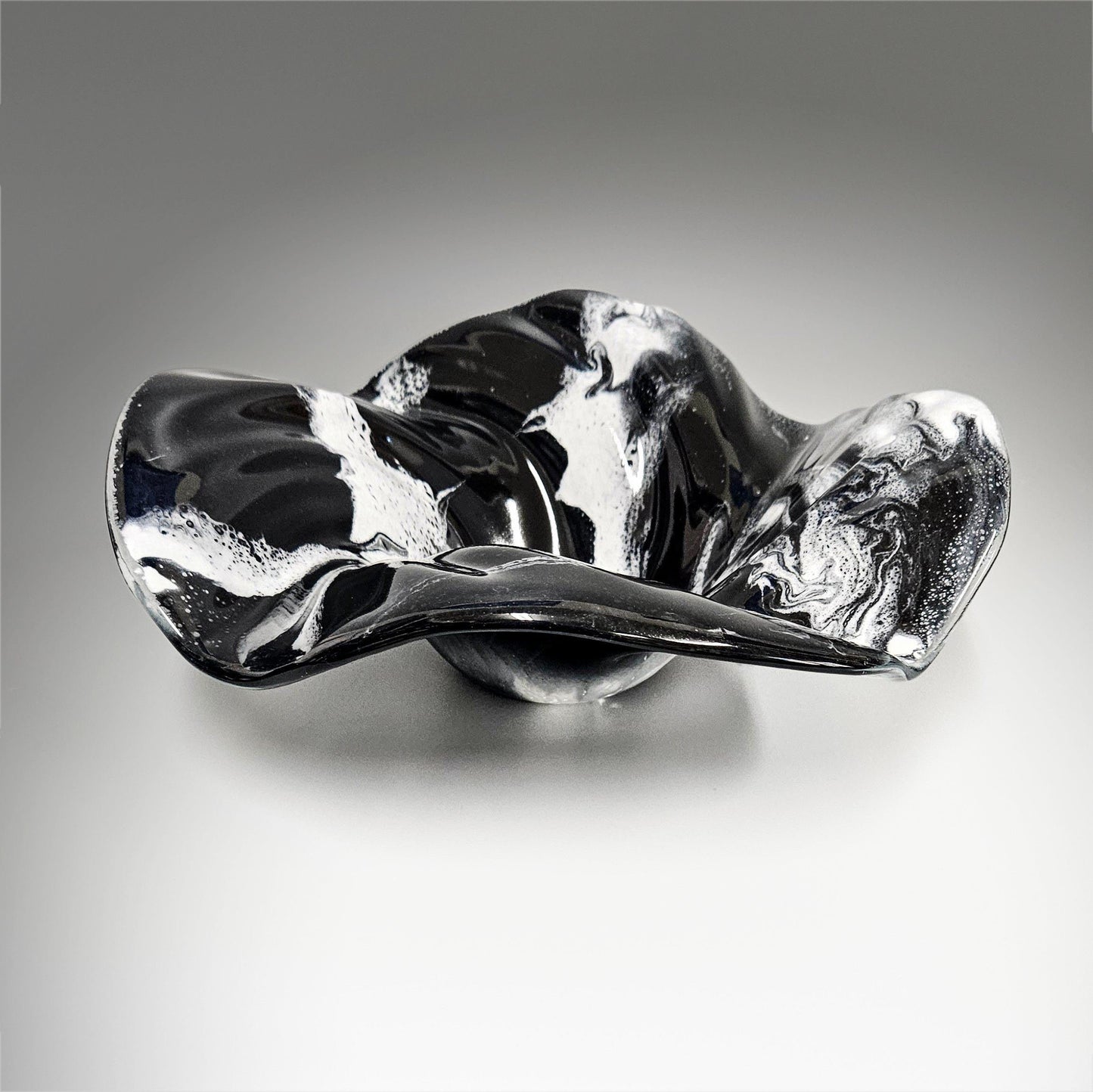 Abstract Glass Art Wave Bowl in Black and White