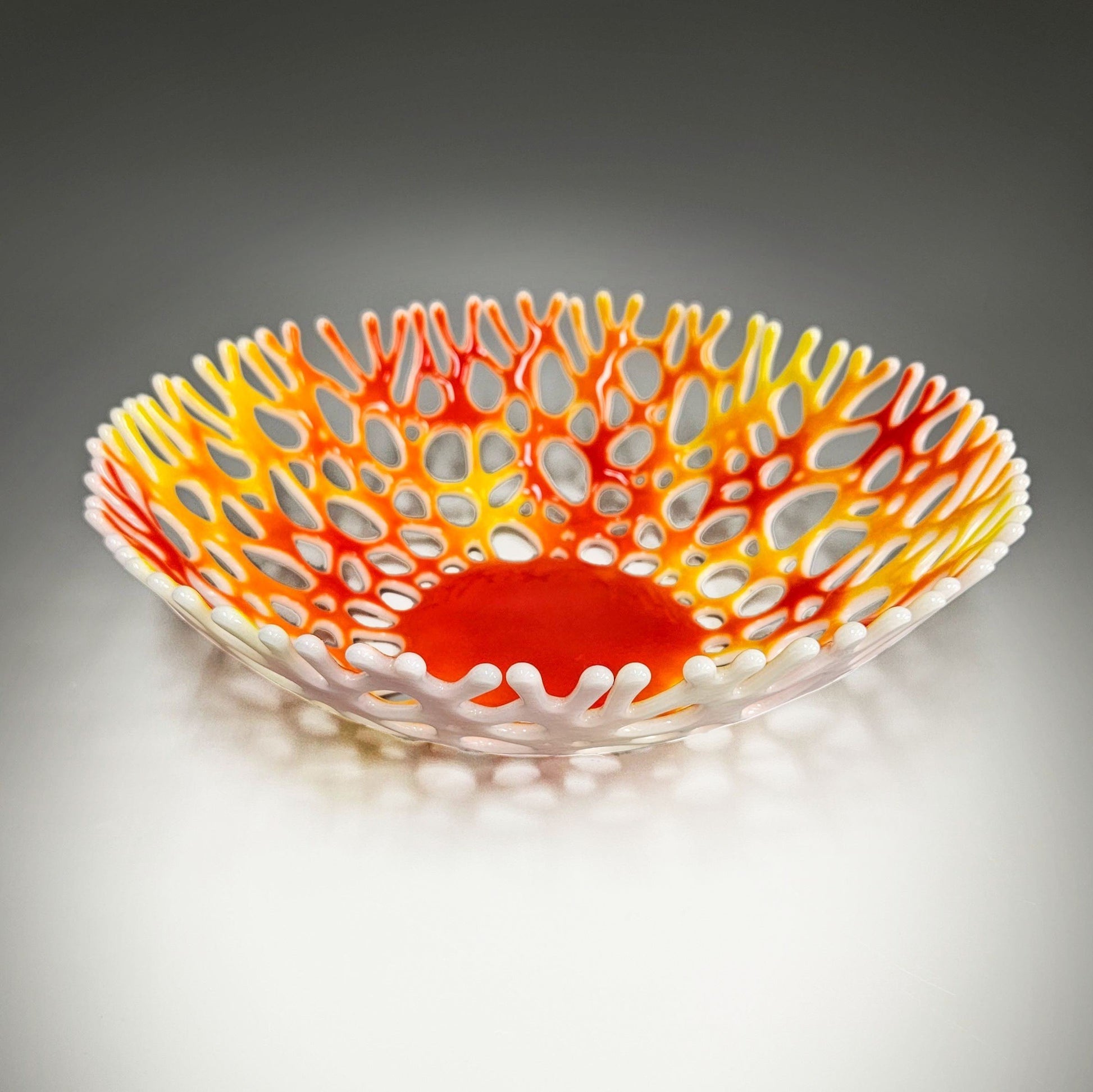 Large Glass Art Coral Bowl in Bright Red and Yellow