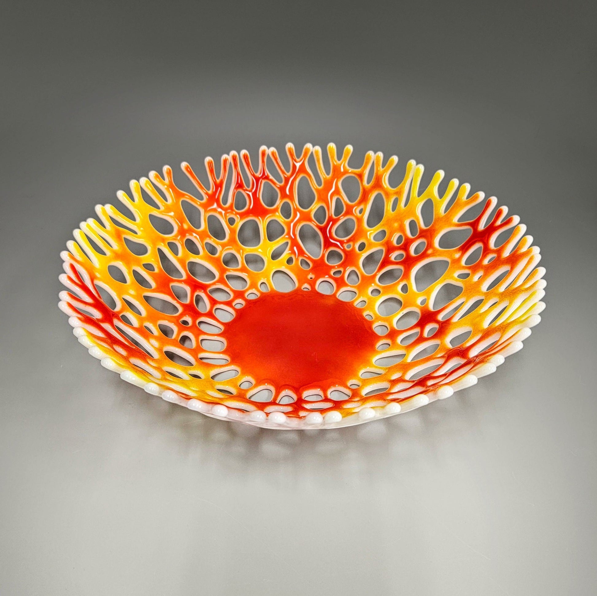 Large Glass Art Coral Bowl in Bright Red and Yellow | Beach House Art
