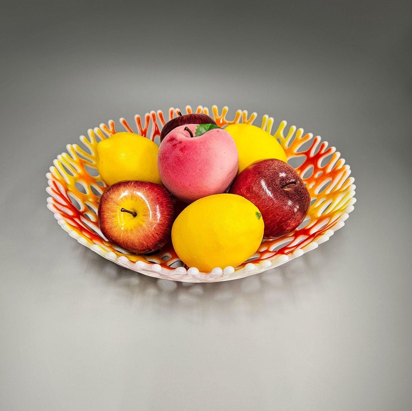 Large Glass Art Fruit Bowl in Red and Yellow | Coral Design