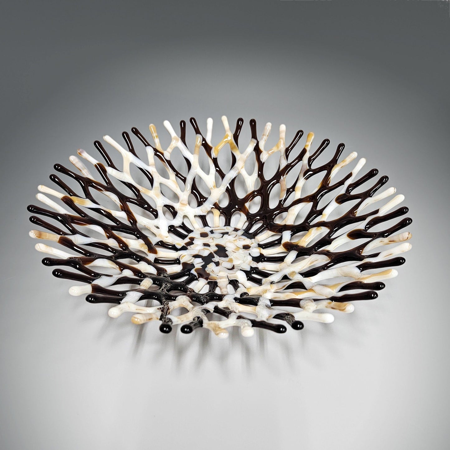 Modern Glass Art Fruit Bowl in Ivory Tan and Brown