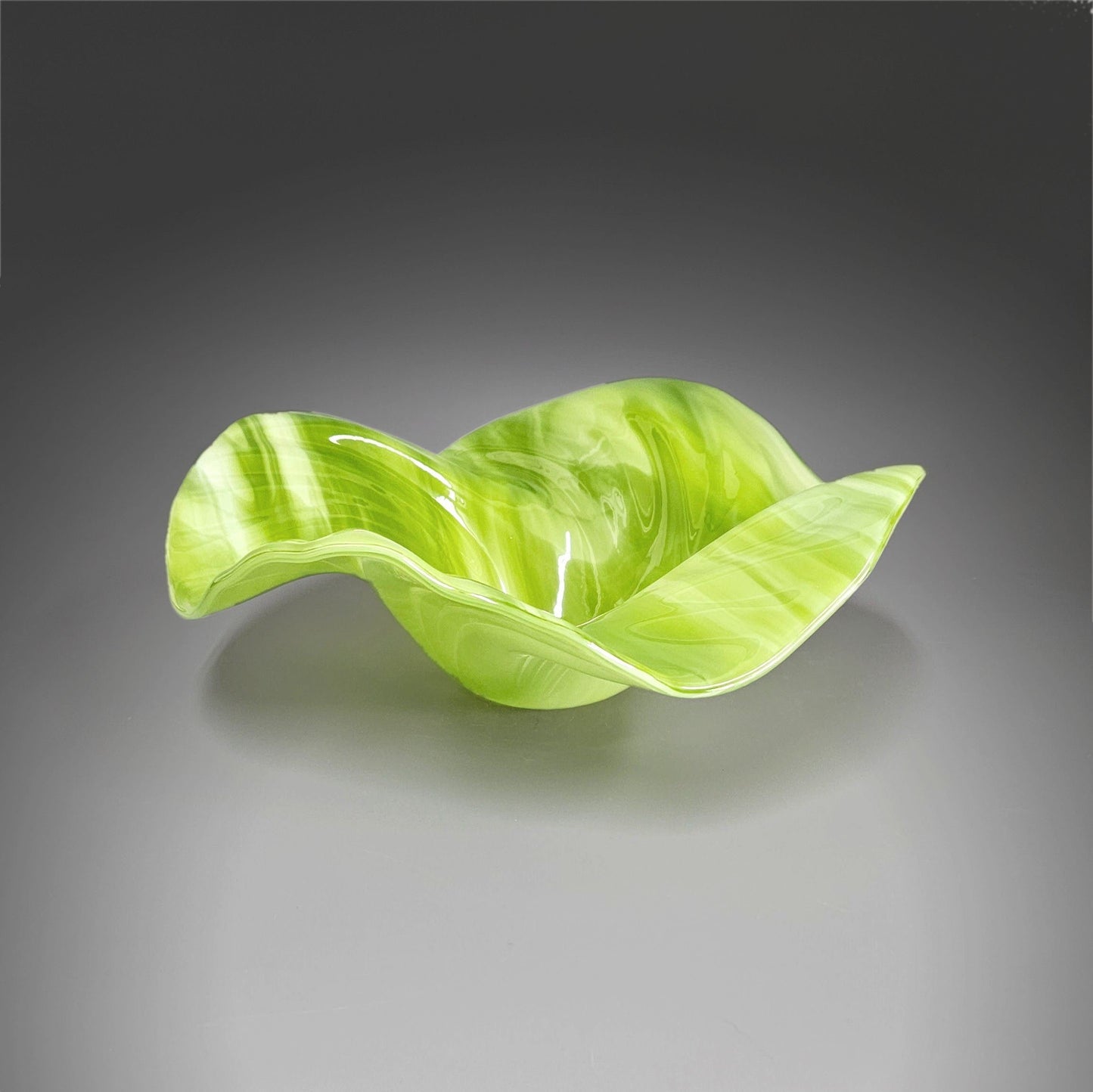 Glass Art Sculptured Wave Bowl in Green