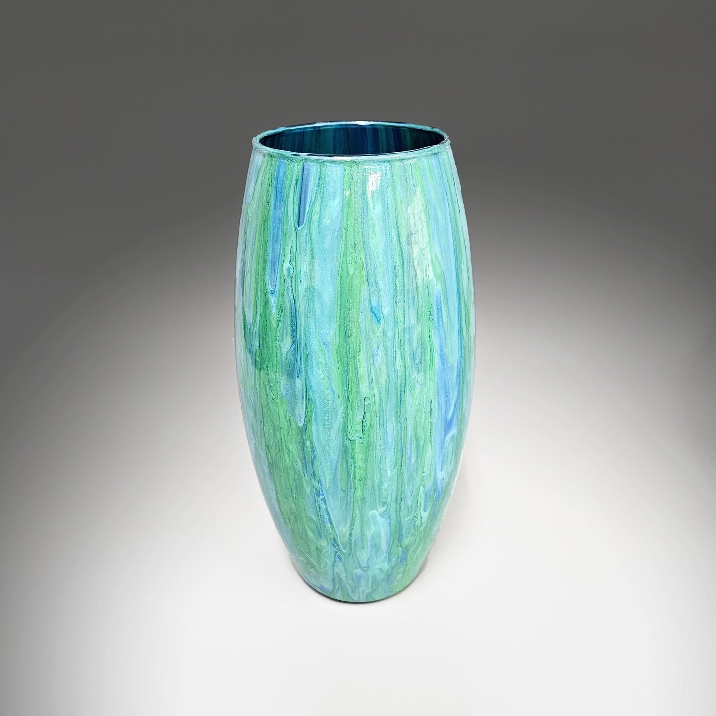 Glass Art Painted Vase in Aqua Blue and Light Green