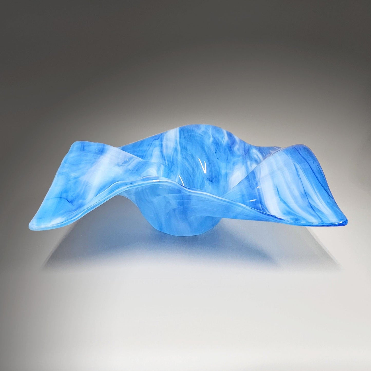 Glass Art Square Wave Bowl | Large Centerpiece in Blue and White