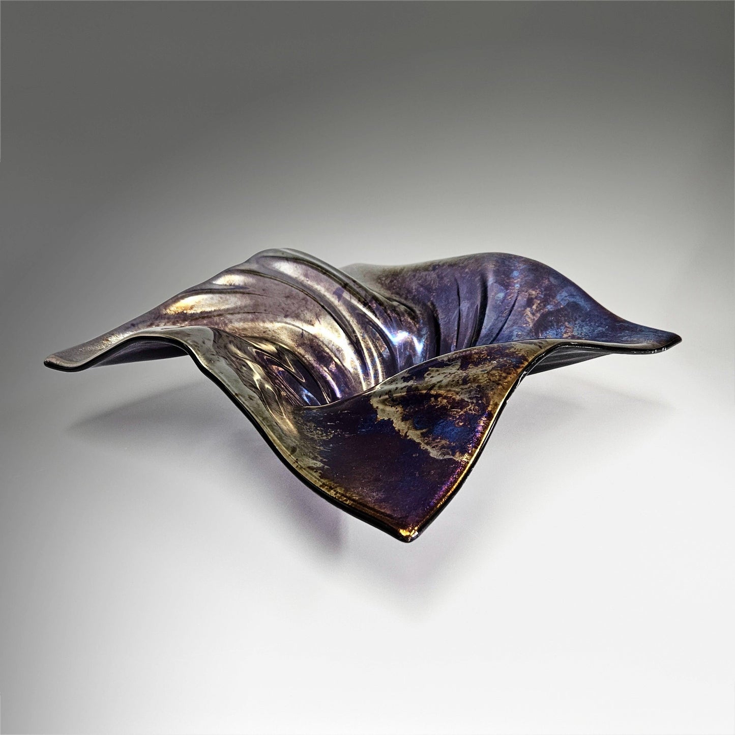 Glass Art Square Wave Bowl Purple Metallic Oil Slick