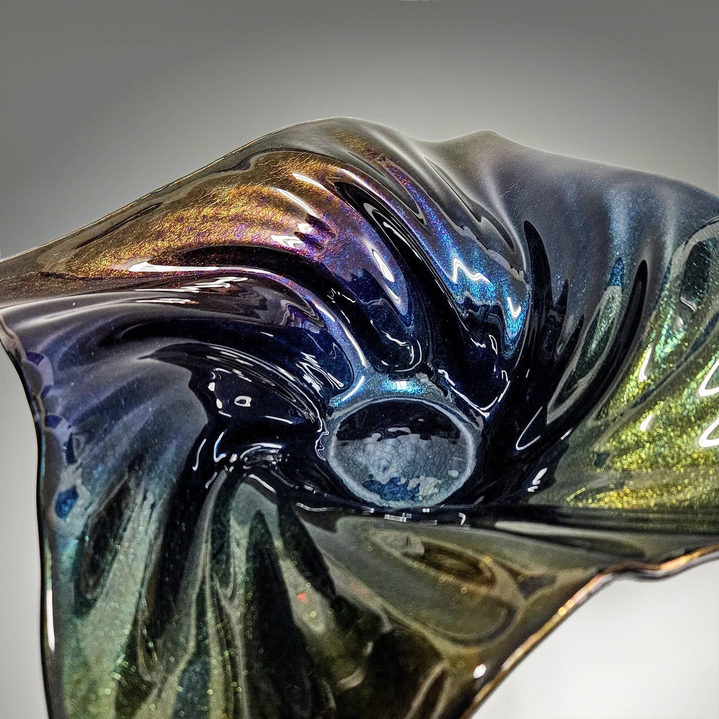 Decorative Wave Bowl in Black Iridescent Oil Slick Glass
