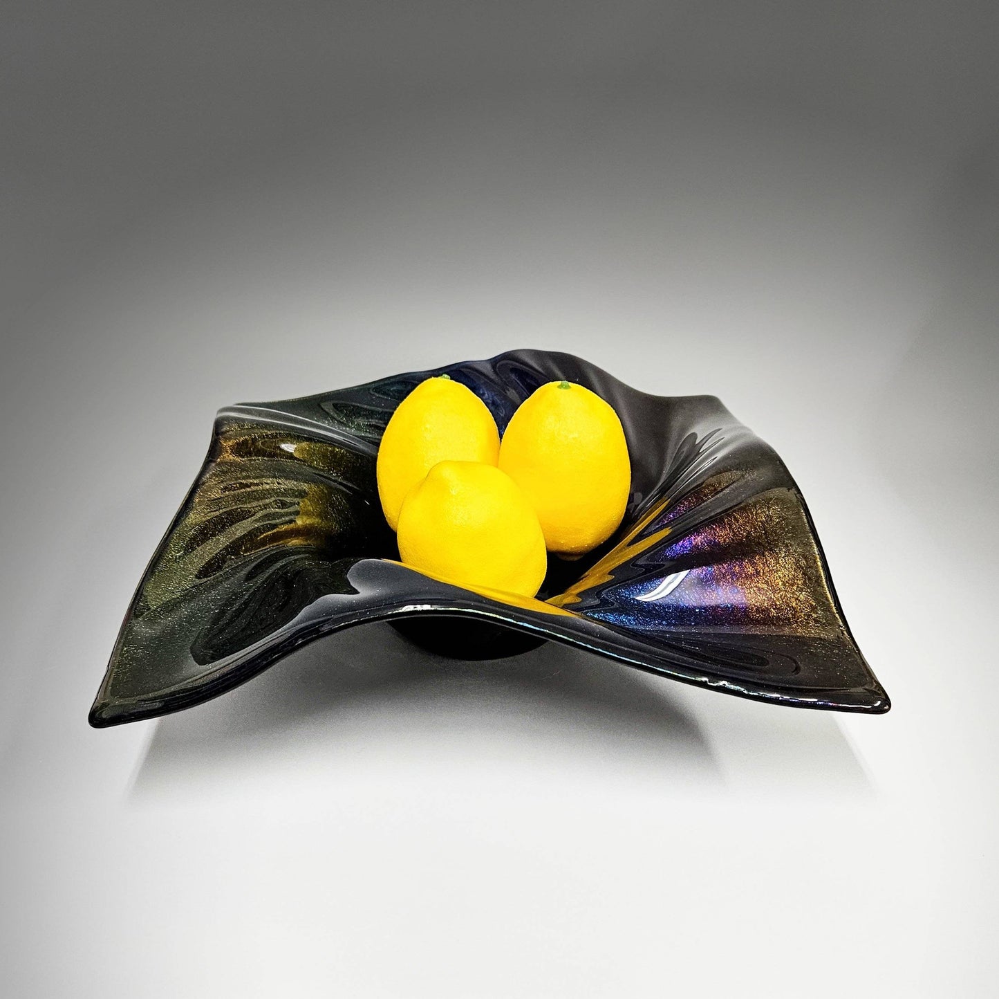 Decorative Wave Bowl in Black Iridescent Oil Slick Glass