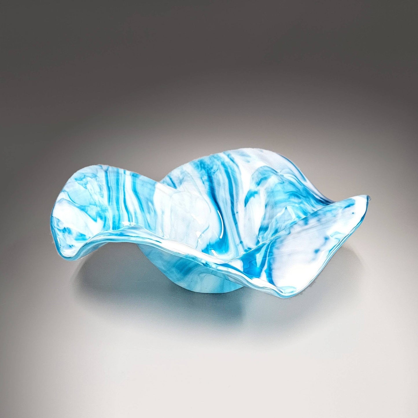 Glass Art Wave Bowl in Turquoise Blue and White