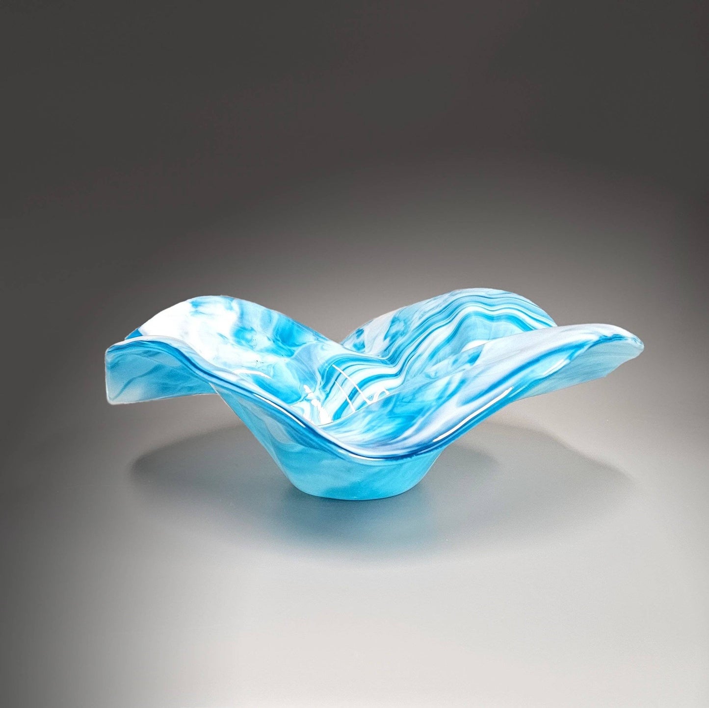 Glass Art Wave Bowl in Turquoise Blue and White
