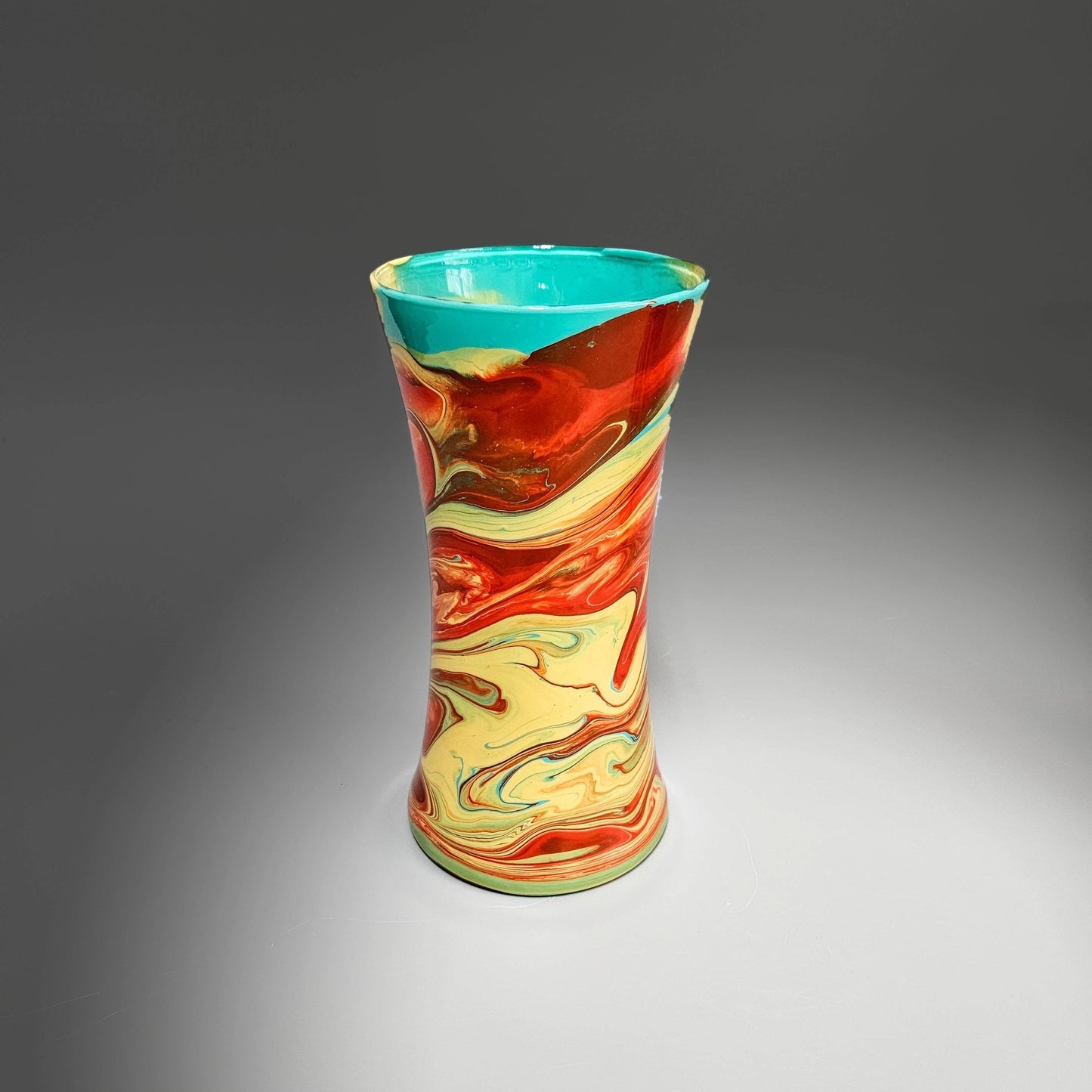 Glass Art Painted Vase in Orange Aqua and Tan