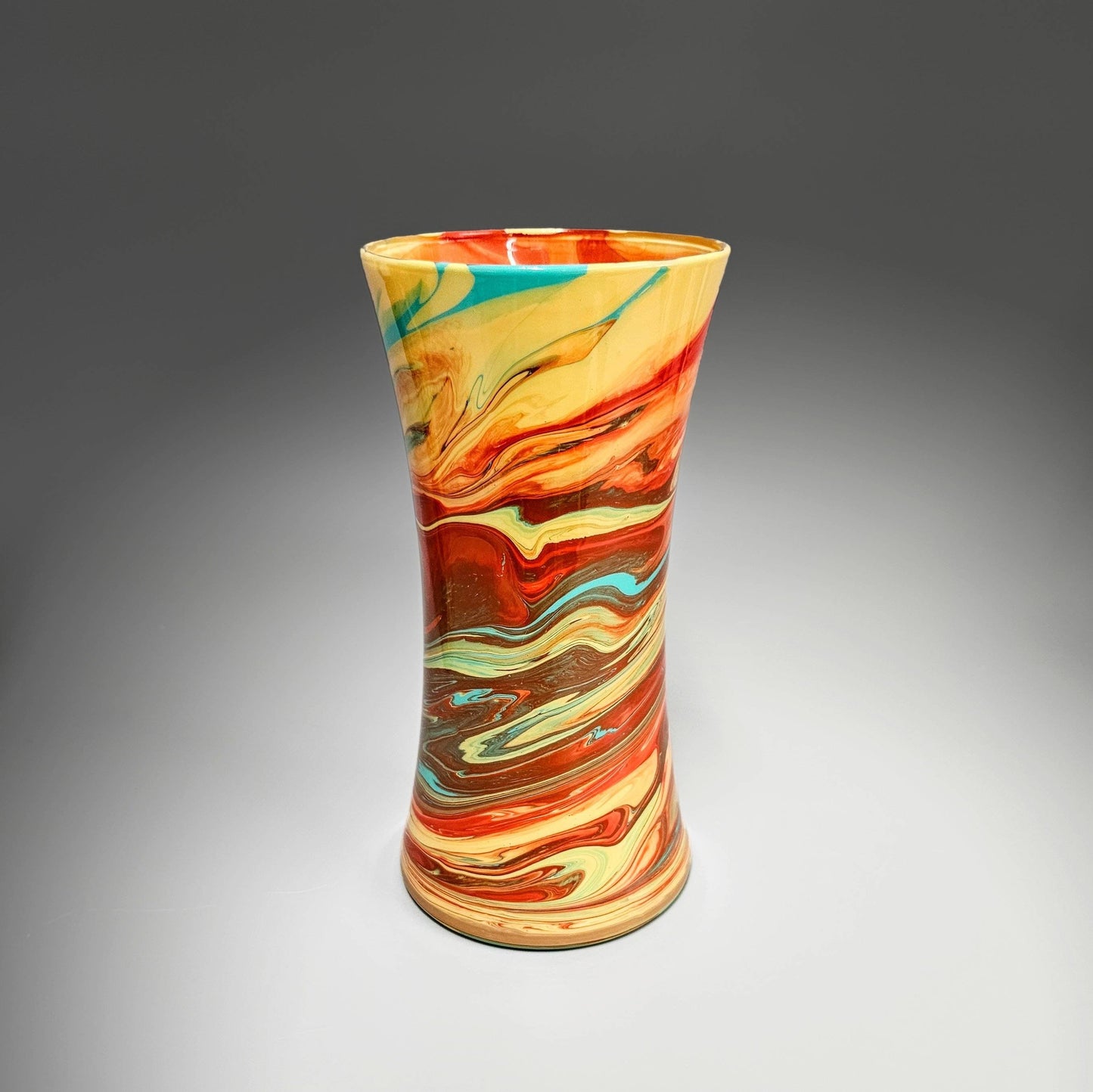 Glass Art Painted Vase in Orange Aqua and Tan