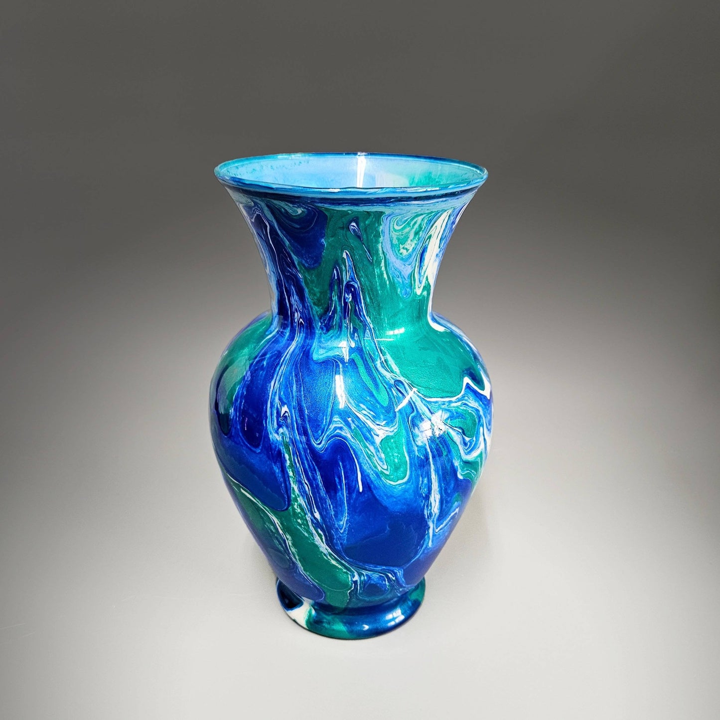 Glass Art Painted Vase in Teal Aqua Turquoise and Navy