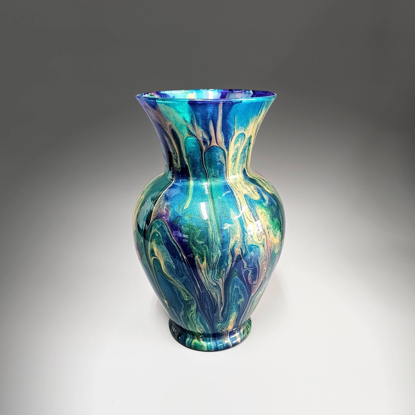 Peacock Feather Painted Centerpiece Vase | Modern Fluid Art Gift Ideas