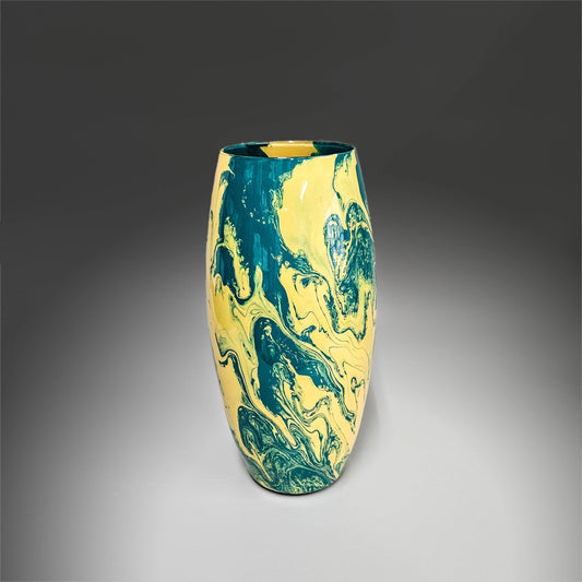 Abstract Teal and Tan Yellow Glass Vase | Fluid Art Home Décor Gifts