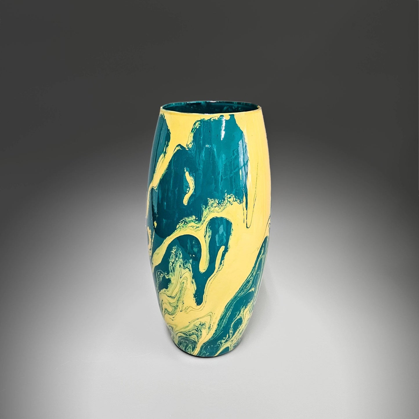 Abstract Teal and Tan Yellow Glass Vase