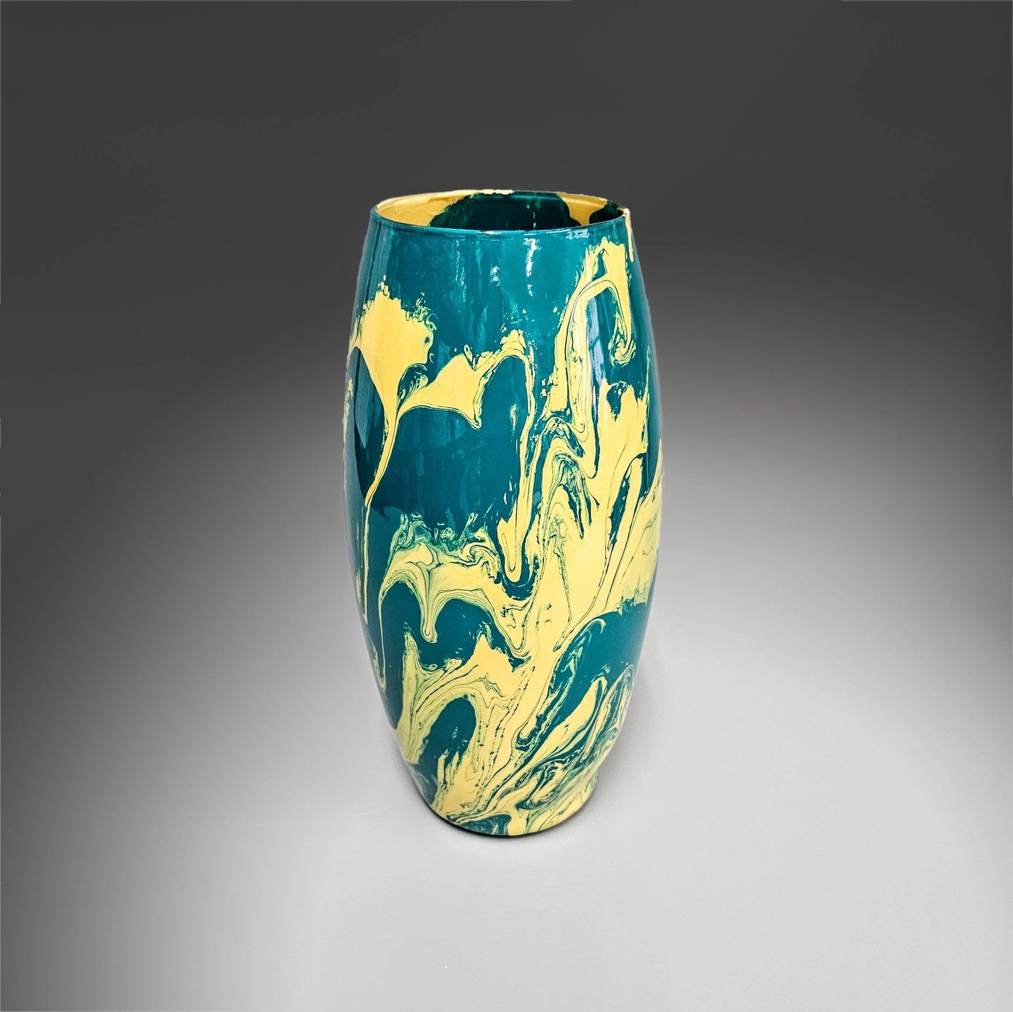 Abstract Teal and Tan Yellow Glass Vase