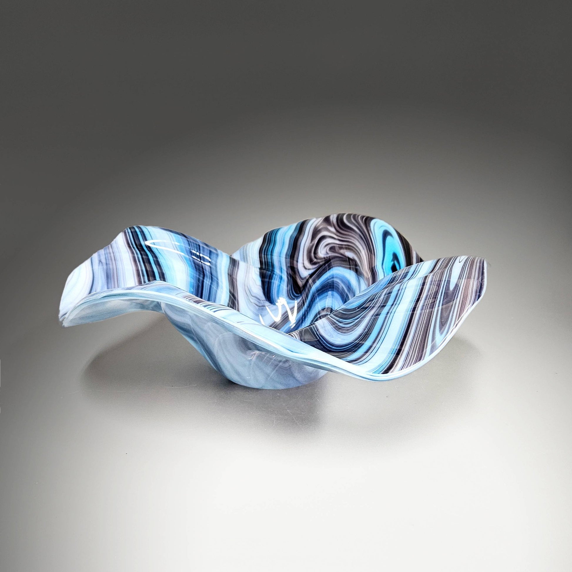 Glass Art Sculpture Wave Bowl in Shaded Blues and Purple | Unique Gift