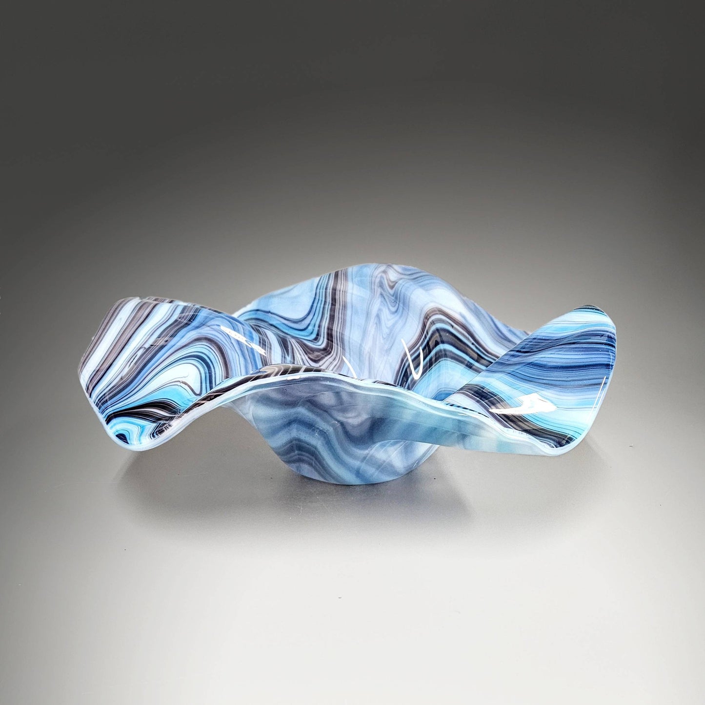 Glass Art Sculpture Wave Bowl in Shaded Blues and Purple
