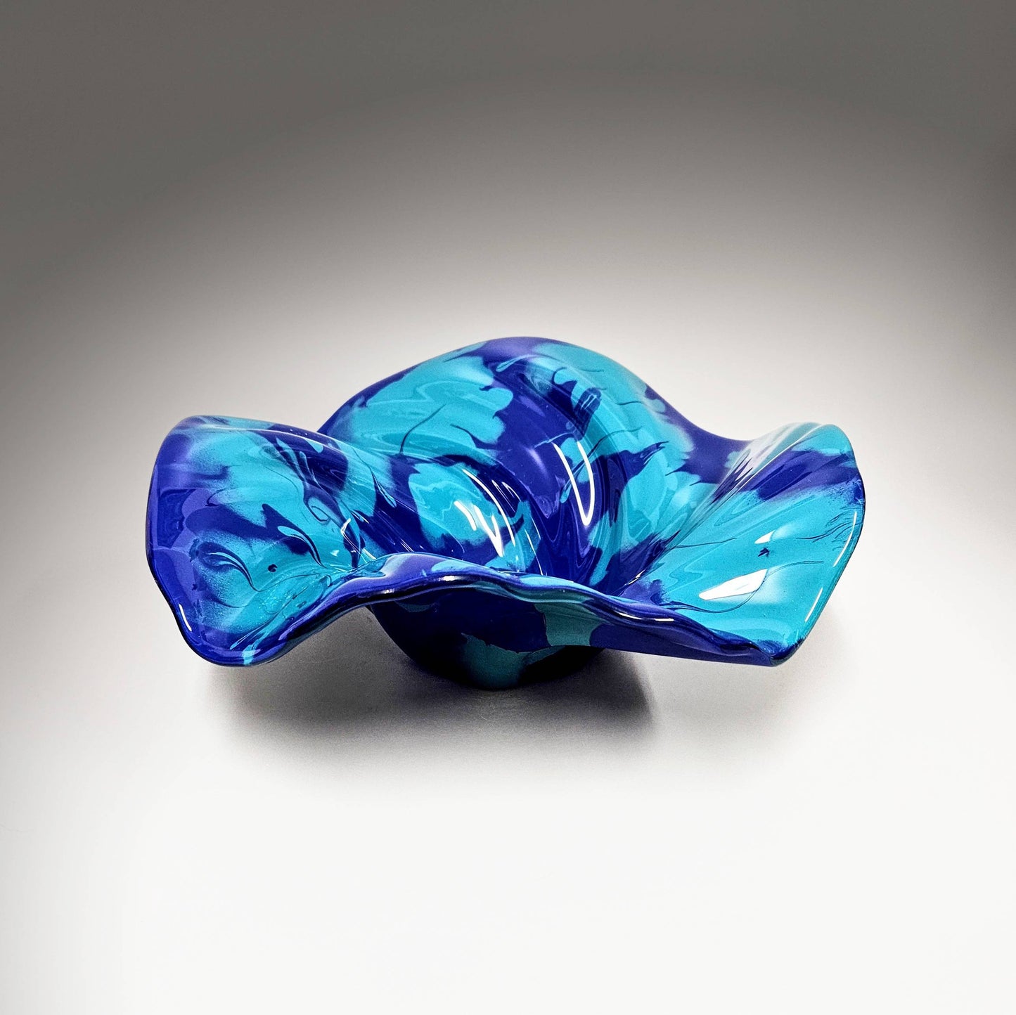 Glass Art Wave Bowl in Cobalt Blue Aqua Green
