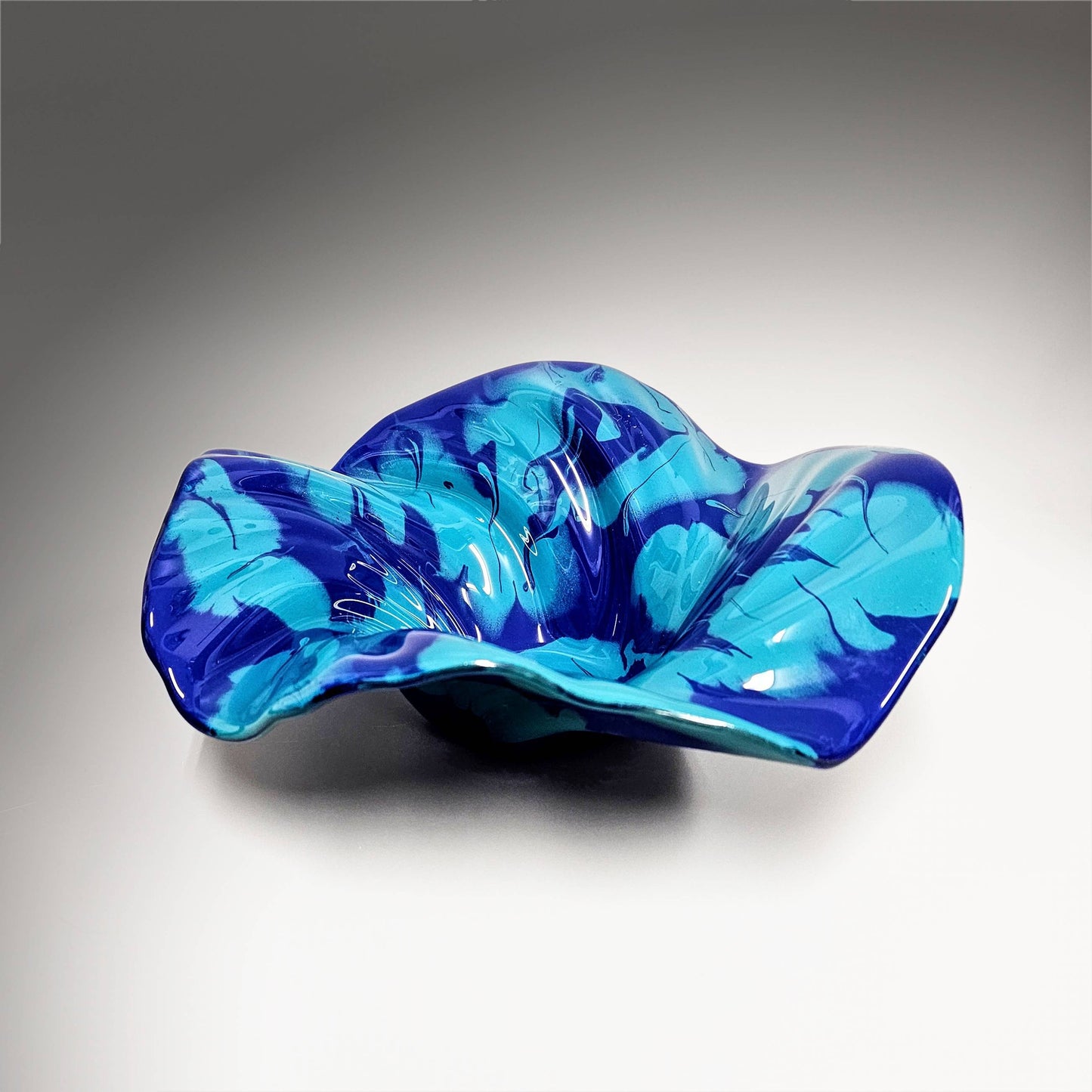 Glass Art Wave Bowl in Cobalt Blue Aqua Green