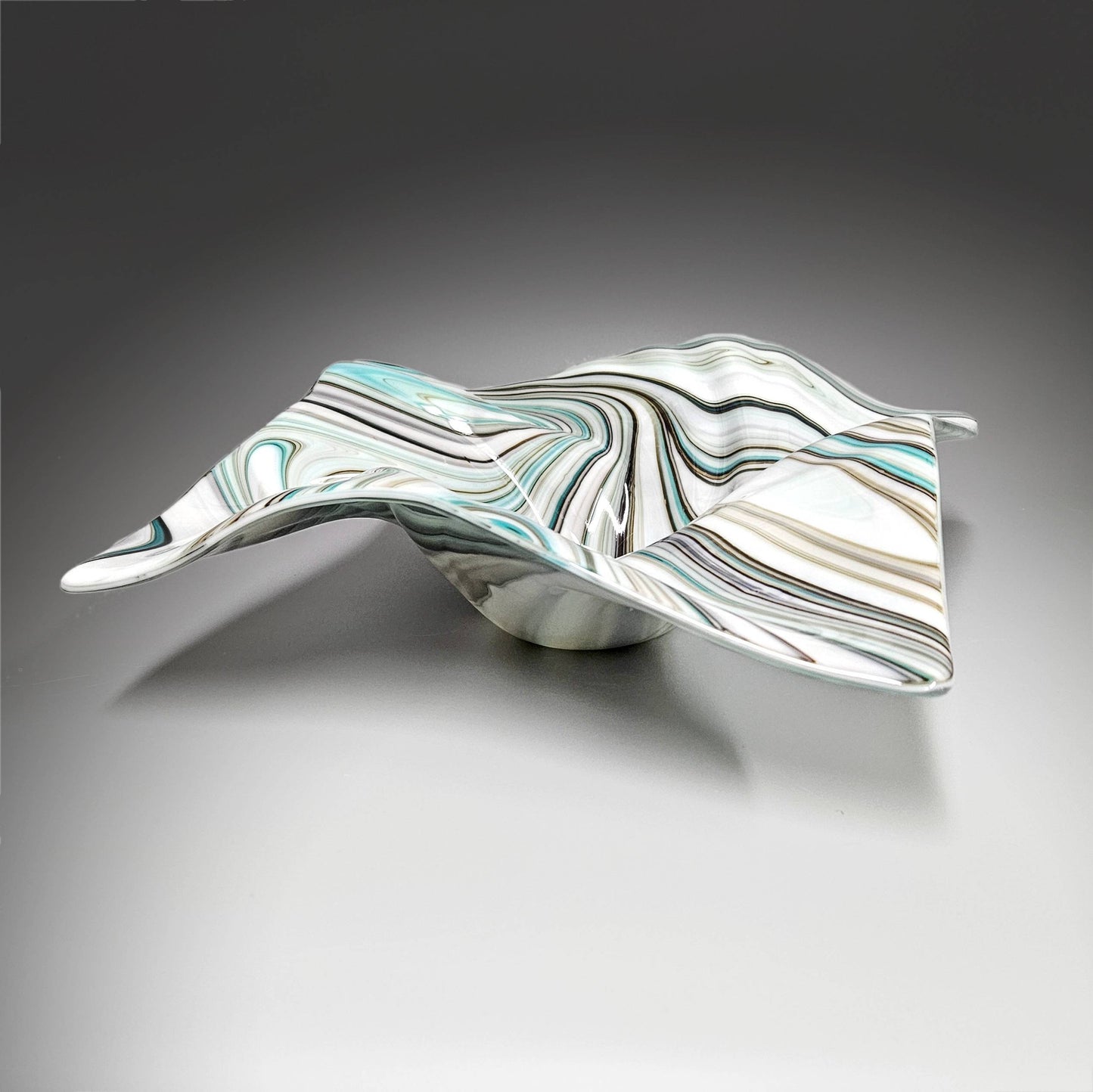 Glass Art Wave Bowl in Aqua Gray and White