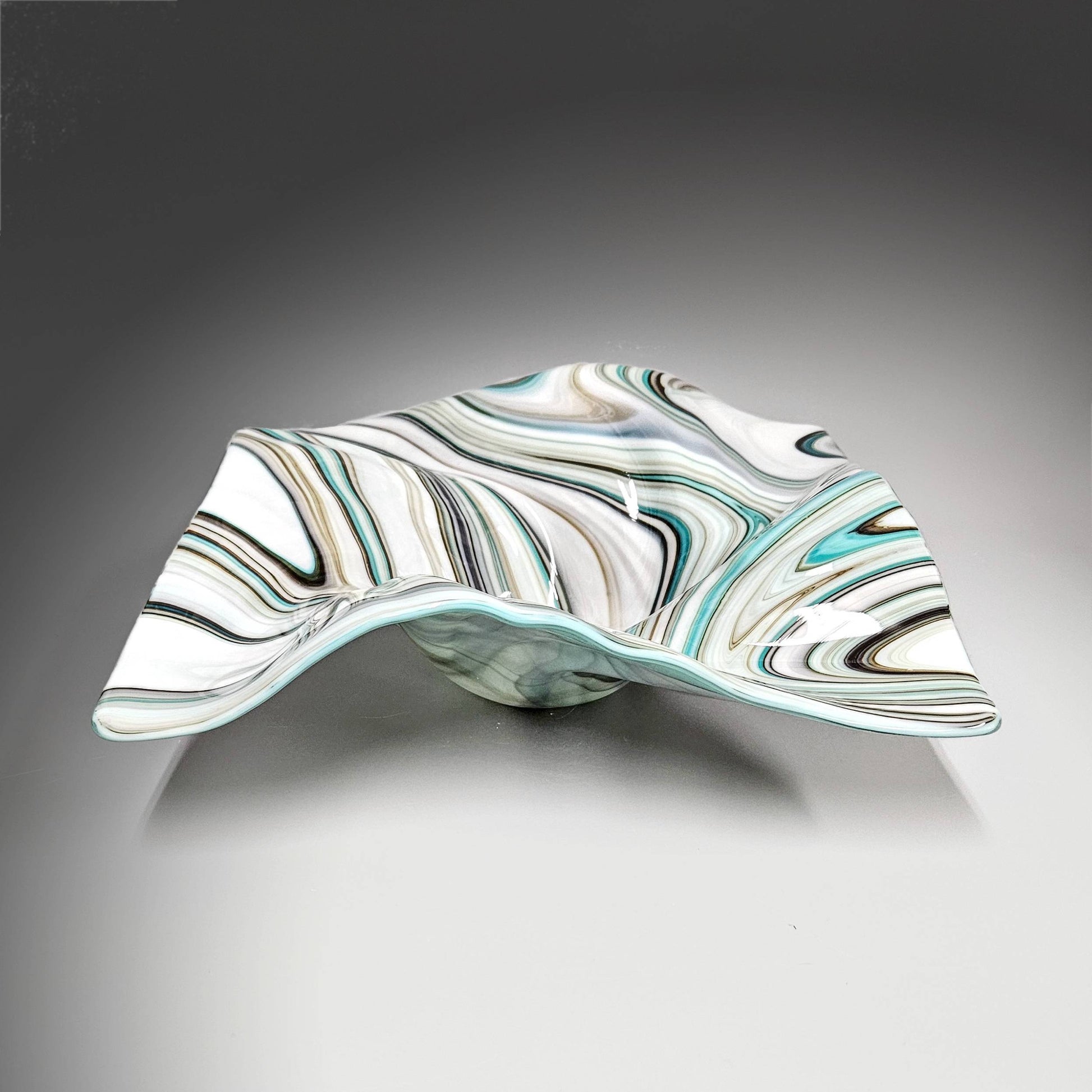Glass Art Wave Bowl in Aqua Gray and White | Square Centerpiece Bowl