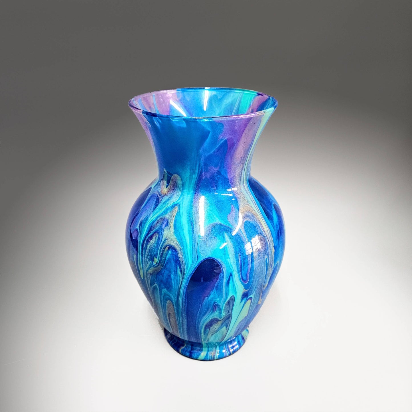 Glass Art Centerpiece Vase in Aqua Gold Purple Blue