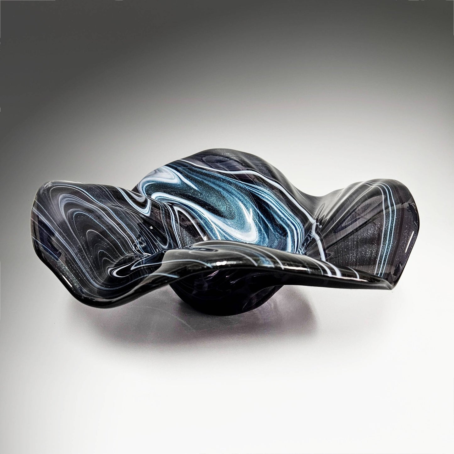 Glass Art Wave Bowl in Stormy Indigo Blue and White